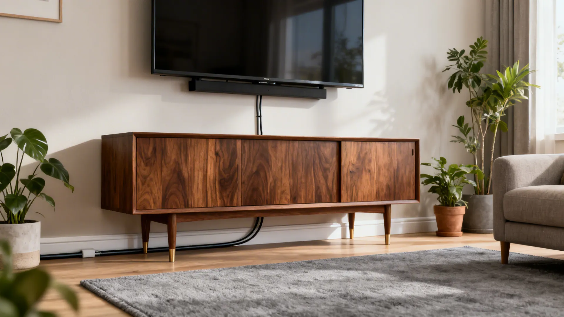 Wall-mounted TV above a walnut credenza with a discreet surface cable raceway.