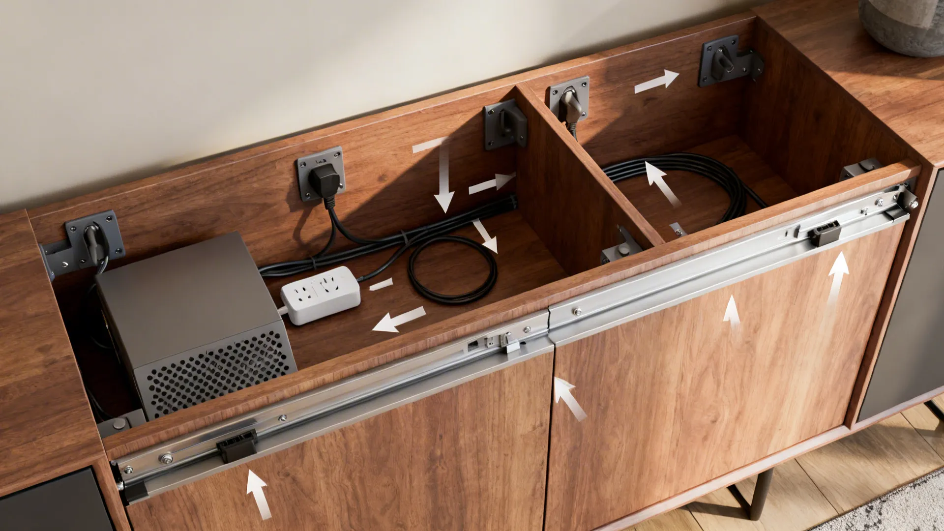 Top-down view showing credenza grommets, surge protector placement, sliding tracks, and ventilation spacing.
