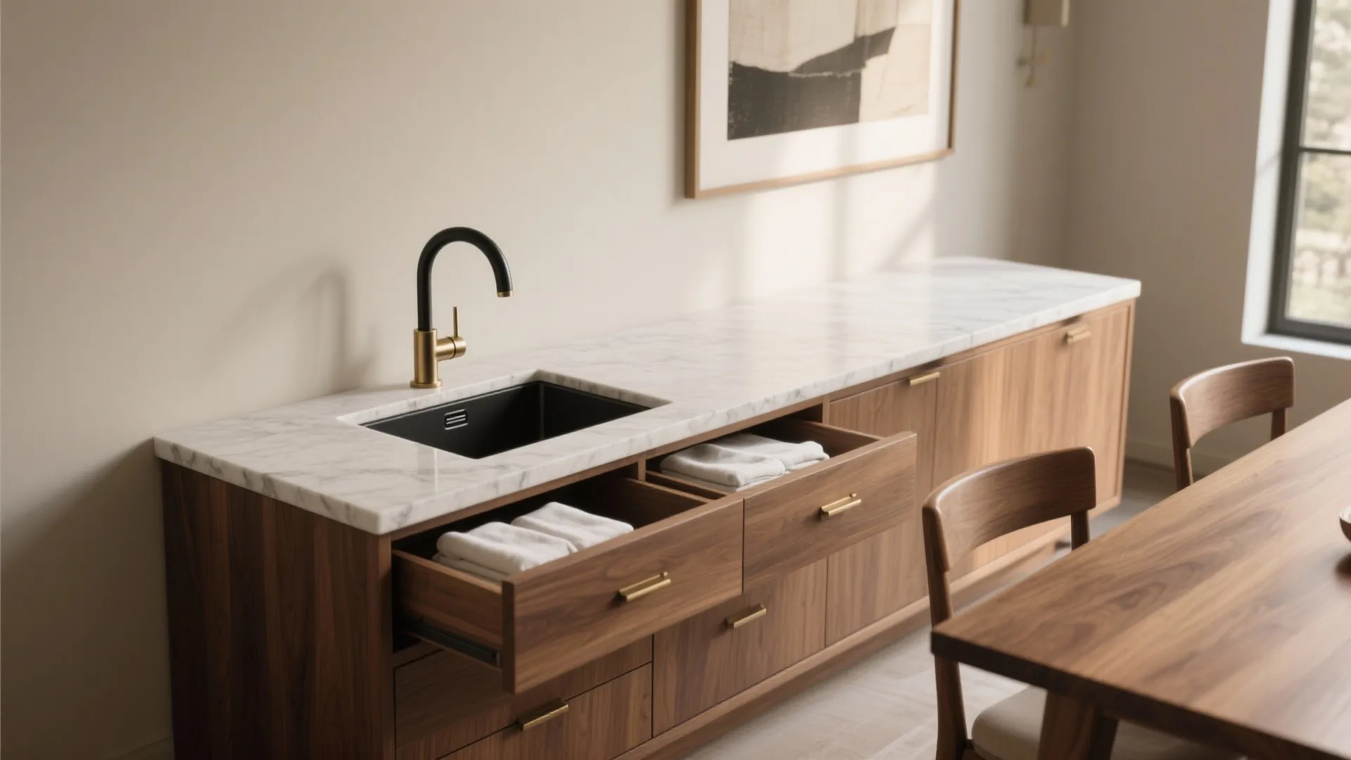 Wooden kitchen cabinet with marble countertop black sink gold faucet and open drawers containing towels