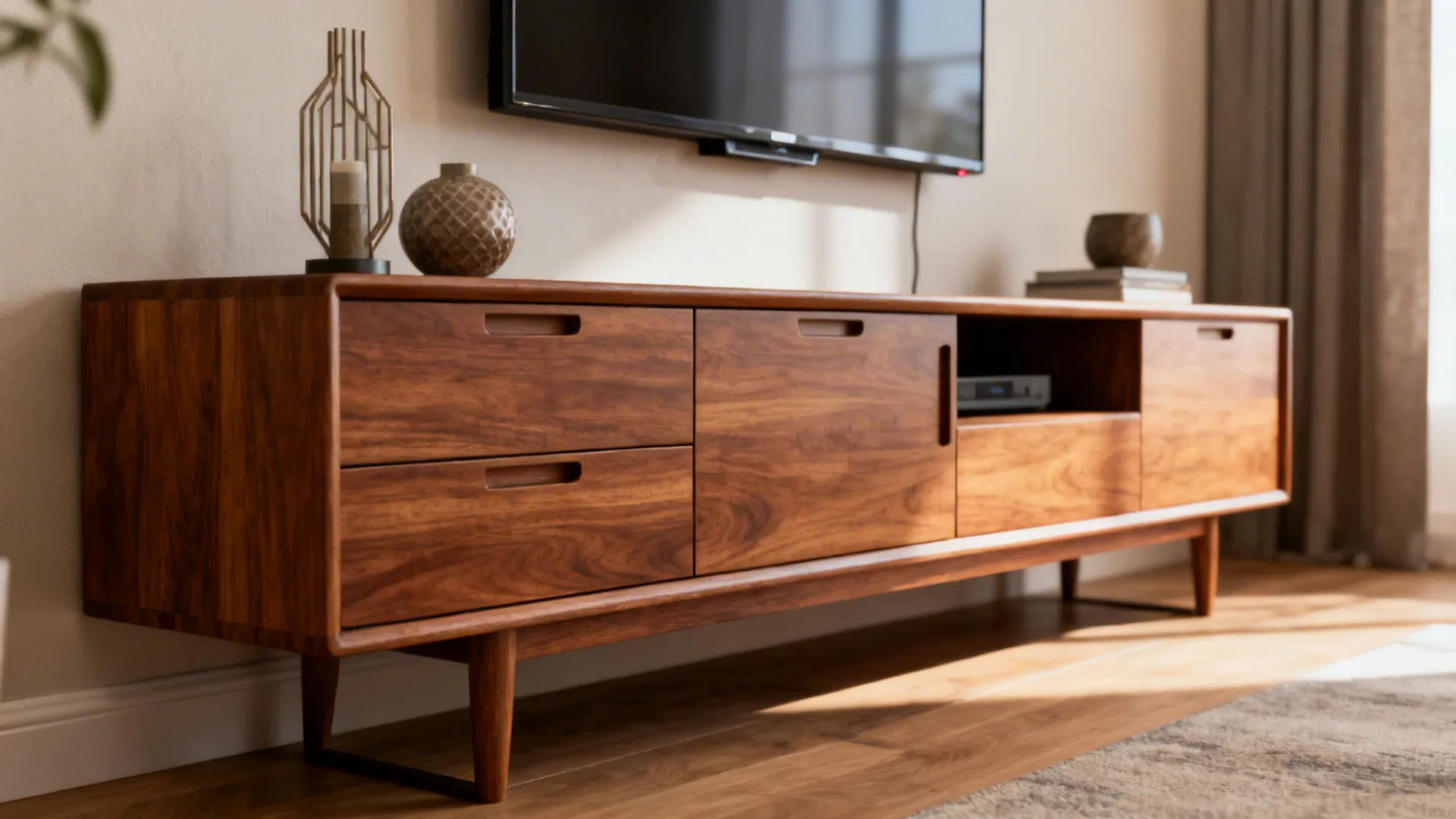 Narrow mid-century credenza in teak used as media unit and storage in a small living room