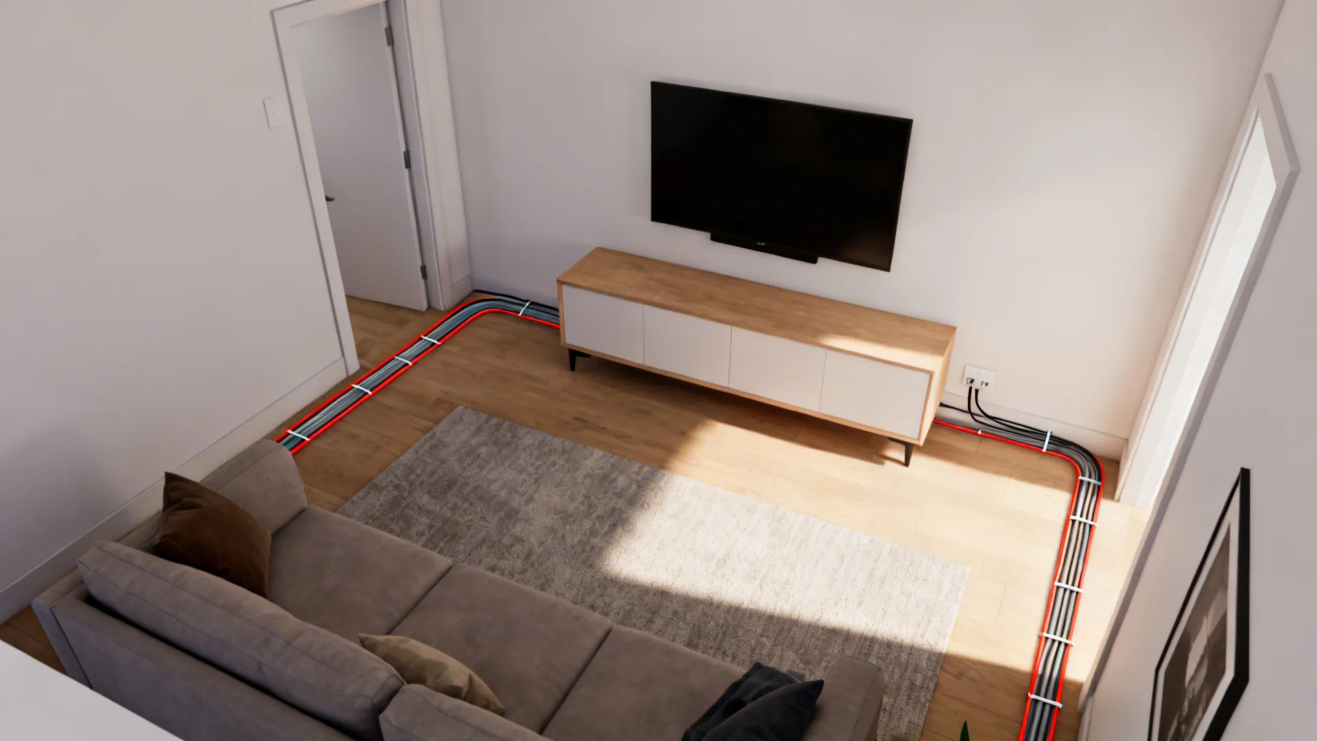 Top-down view illustrating a credenza layout with cable routing and clear walkways.