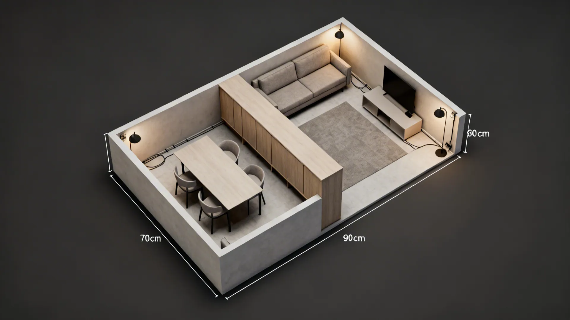 Top-down view showing a low credenza divider with clear walkways.