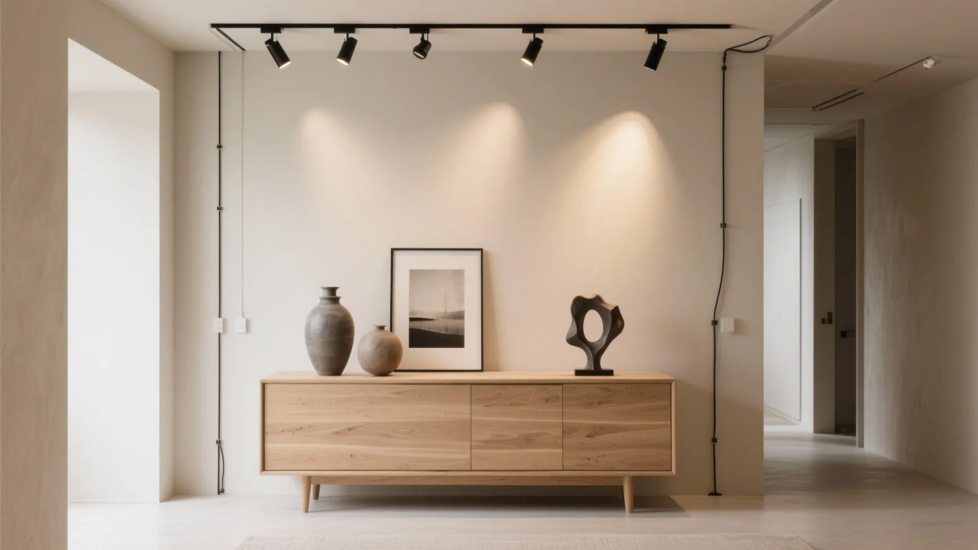 5) Closed-Base Credenza + Spotlighted Vignettes
