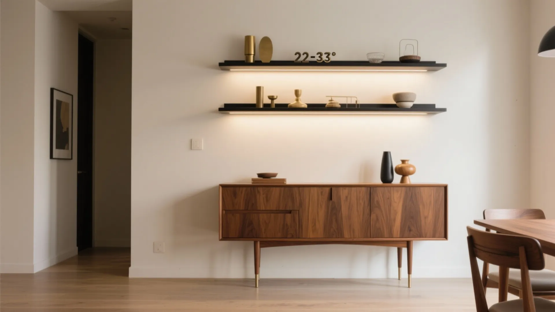 Wooden storage cabinet under wall shelves with warm lighting in a minimalist dining room area design
