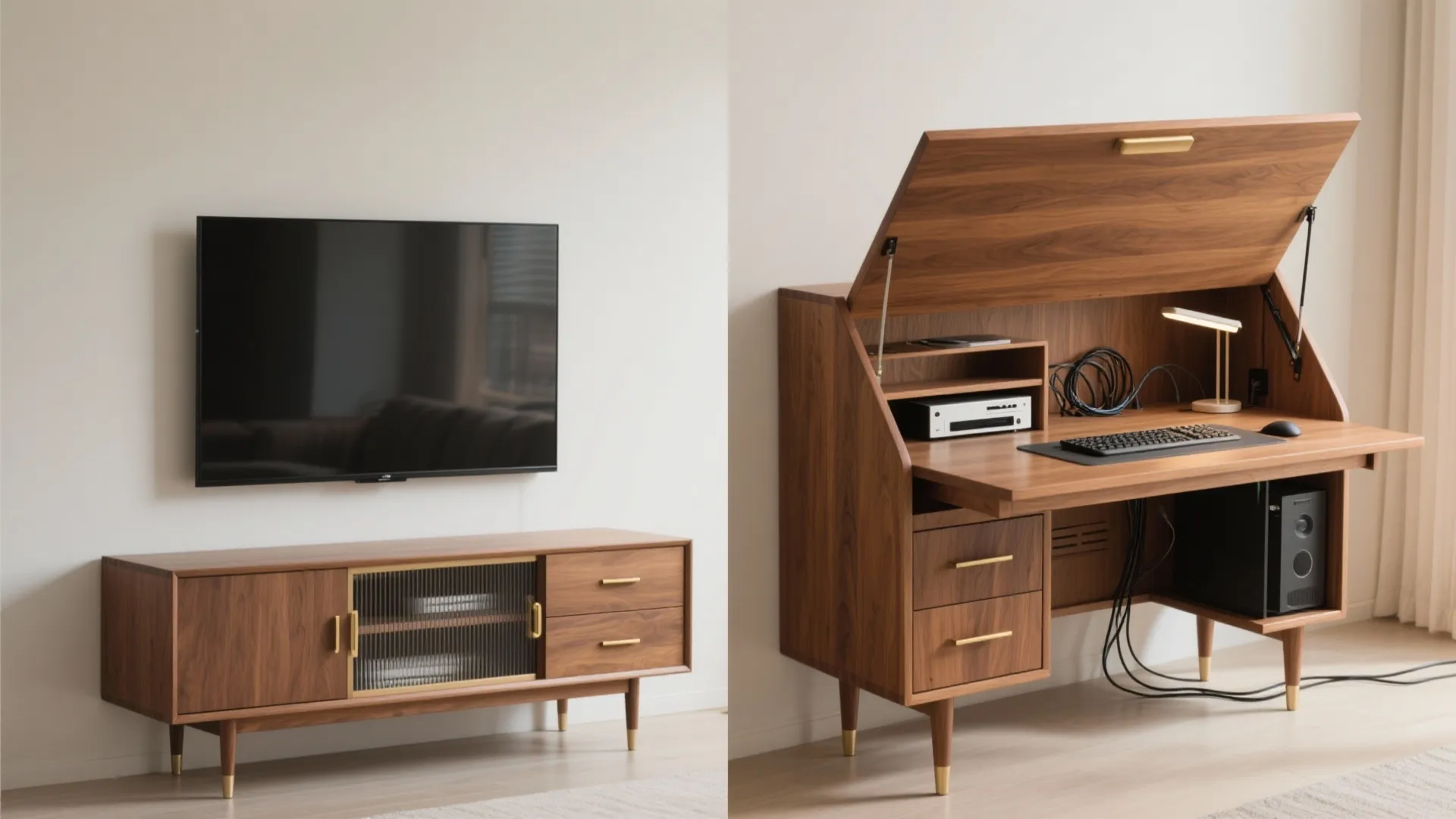 4) The Dual-Purpose Credenza: Media + Work Zone
