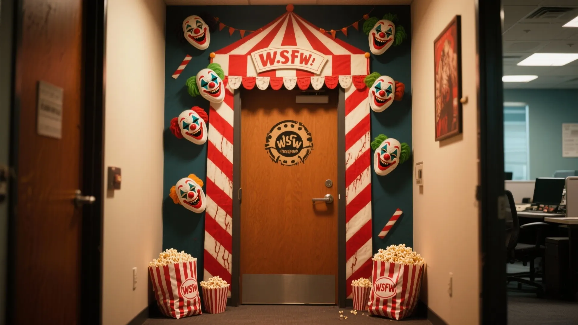 Office door decorated as a carnival circus entrance with clown masks and red striped bags