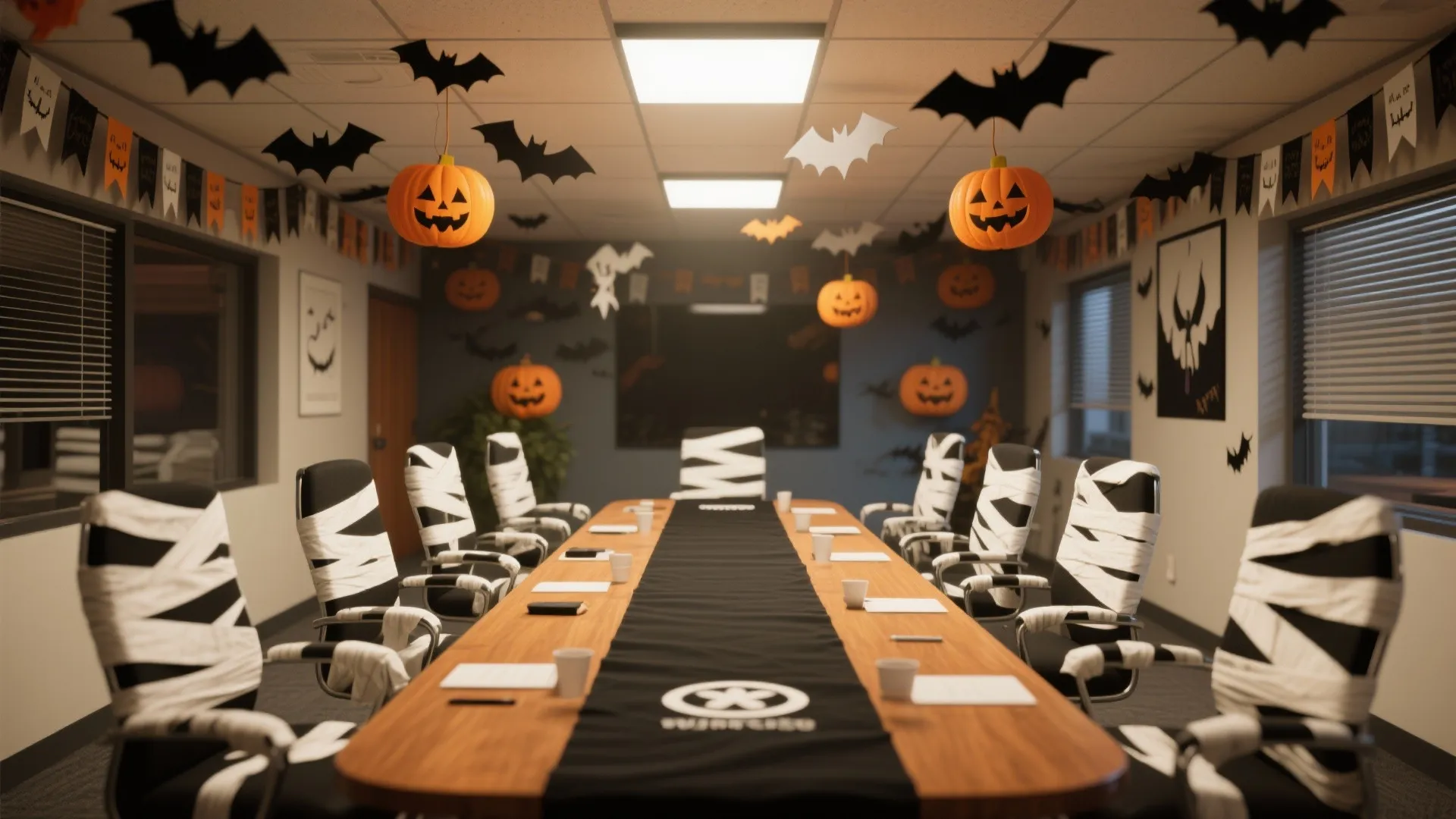 Halloween office conference room with mummy chairs wooden table hanging pumpkin lanterns and bat decorations