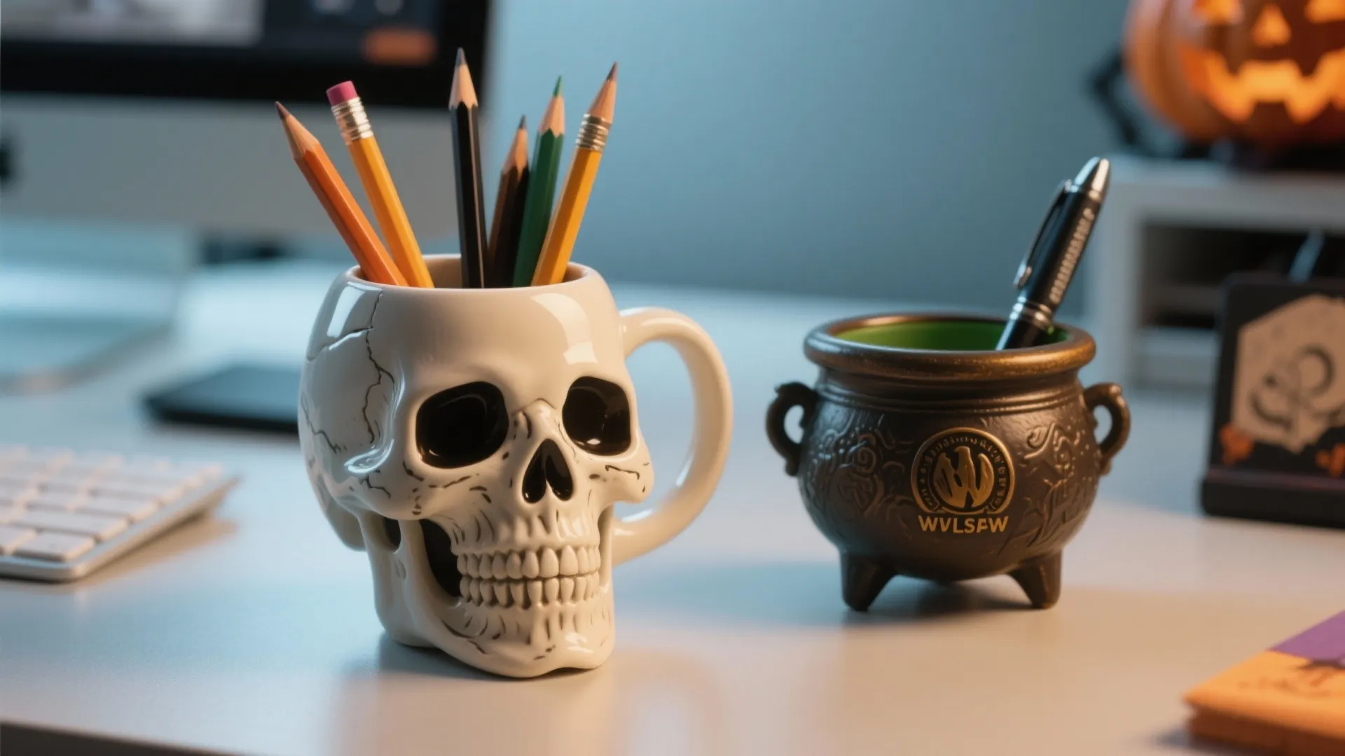 White skull shaped pencil holder and small black cauldron with pens on a modern desk