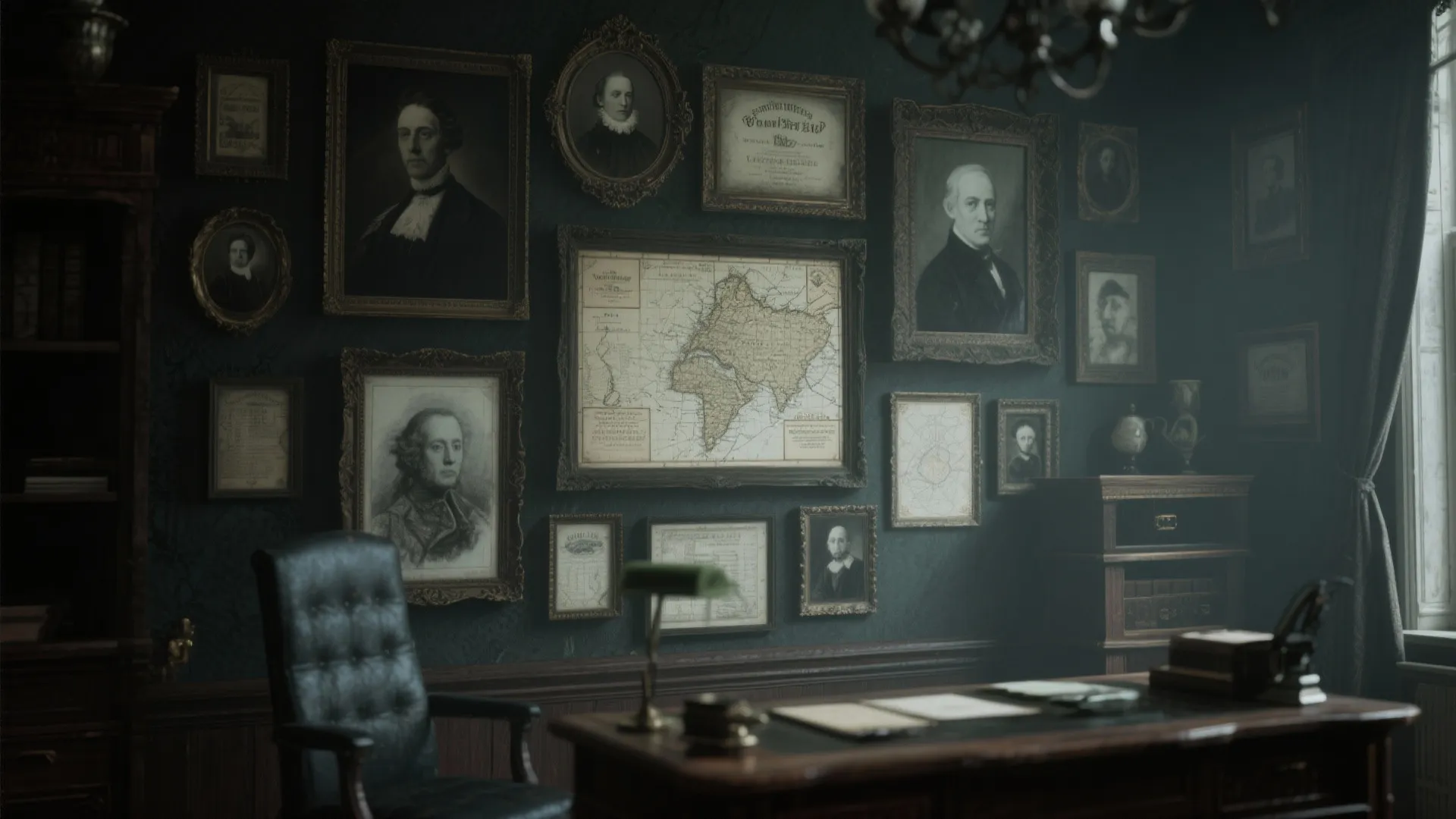 Classic dark study featuring a wall filled with many framed pictures maps and a desk chair