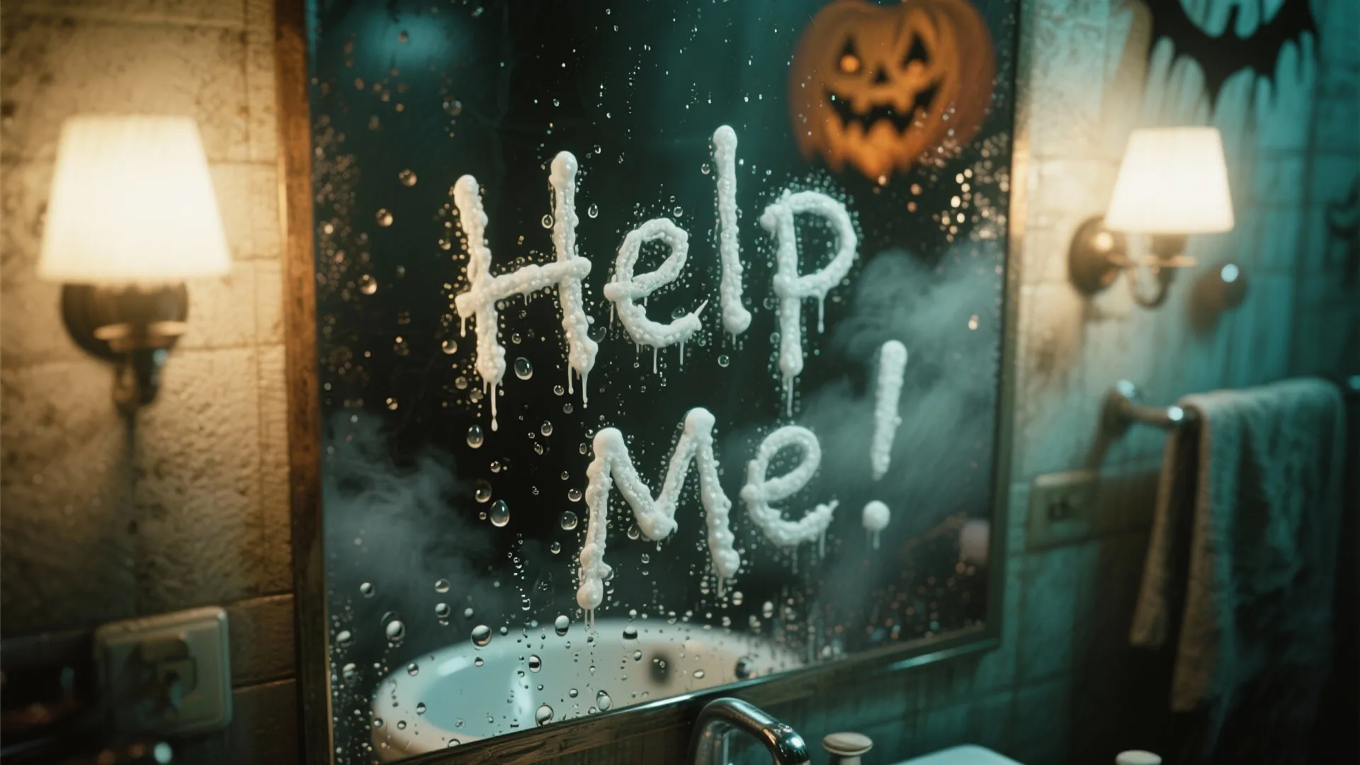 Creepy bathroom mirror with help me written in white foam and a scary pumpkin decoration