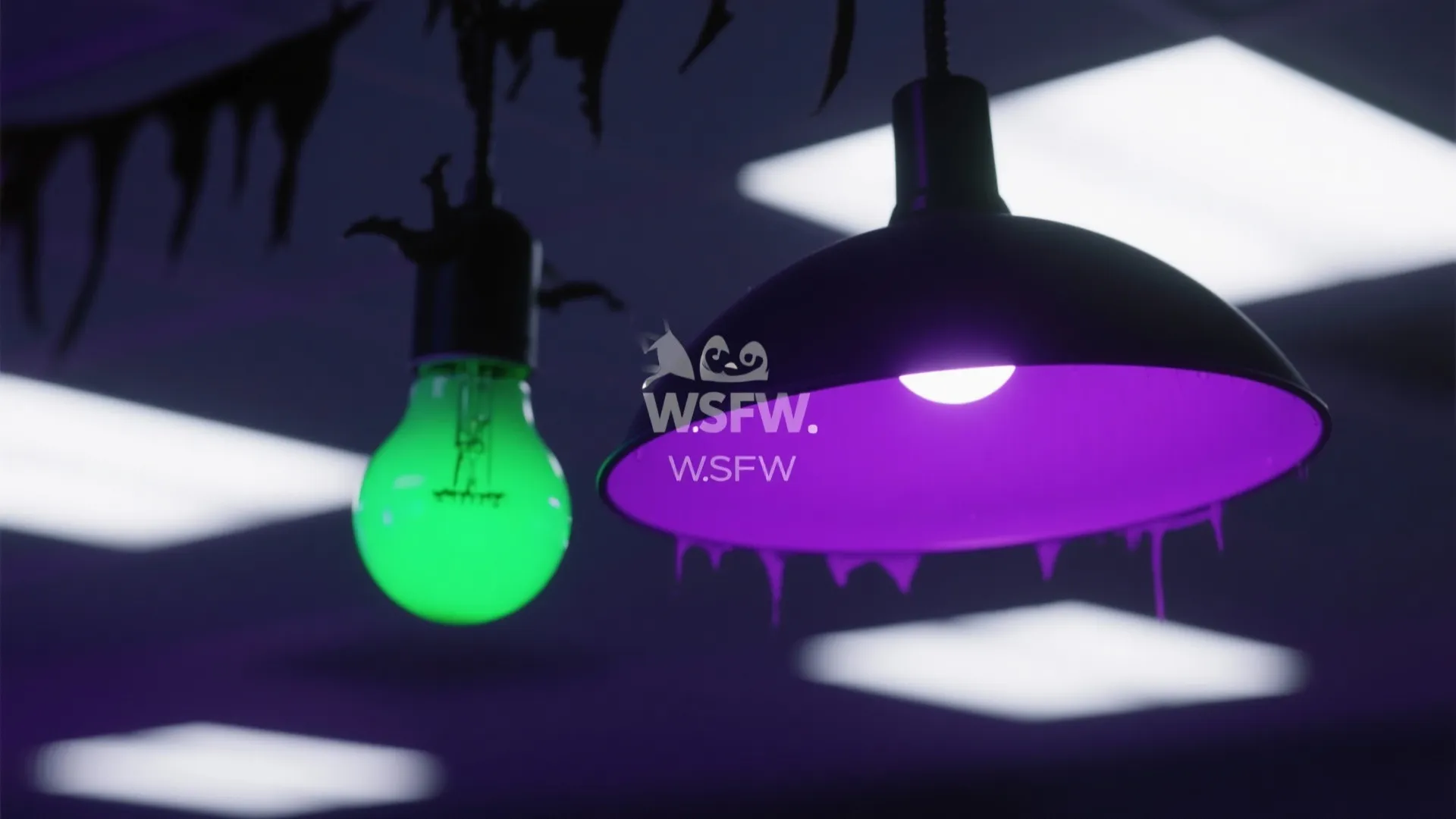 Close up of a green light bulb and a purple light fixture in a dark room
