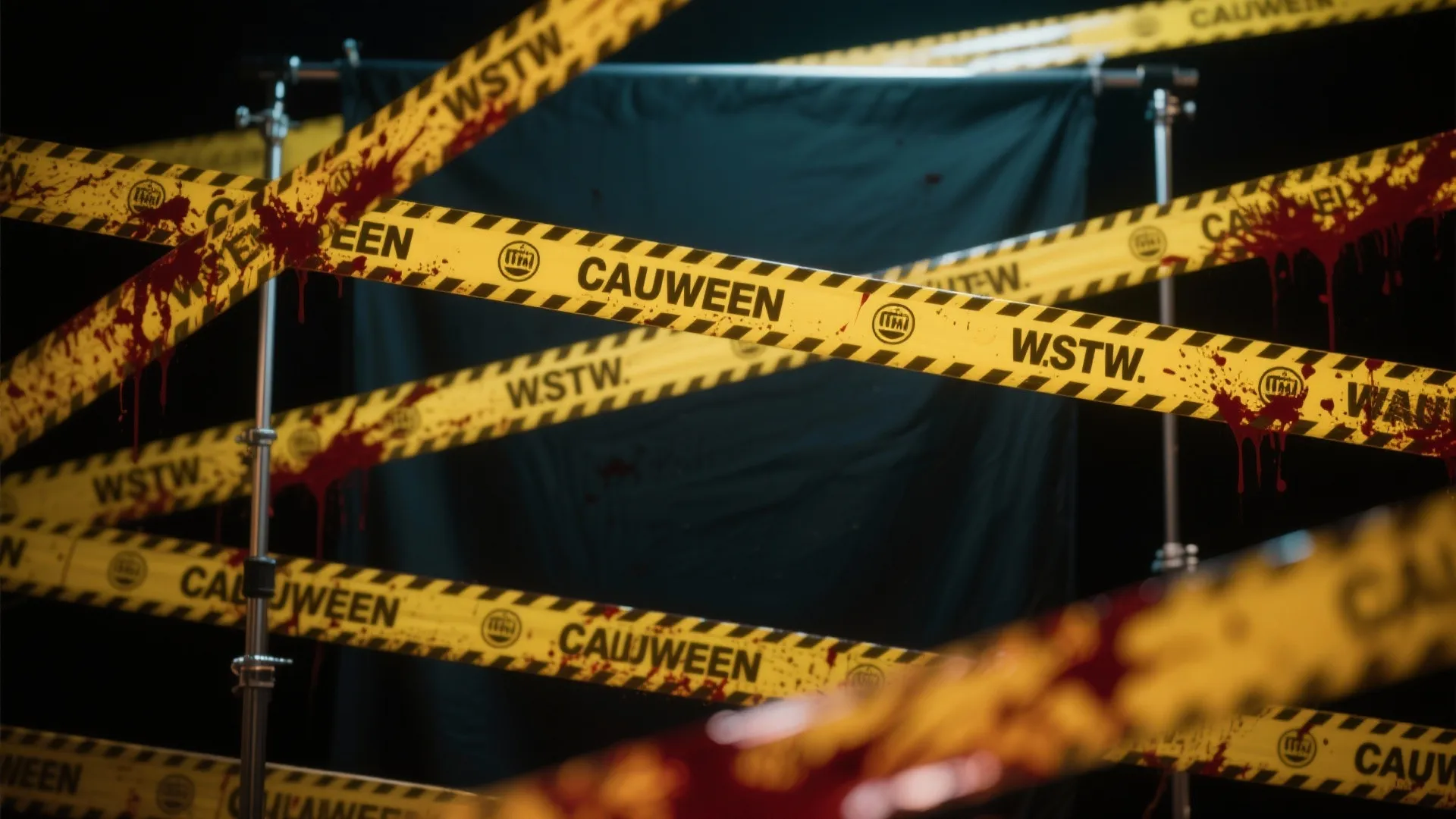 Backdrop of layered caution tape with fake blood splatters