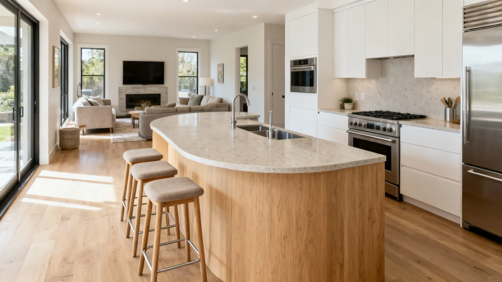 Open plan kitchen and living room with curved wood island barstools and bright natural light