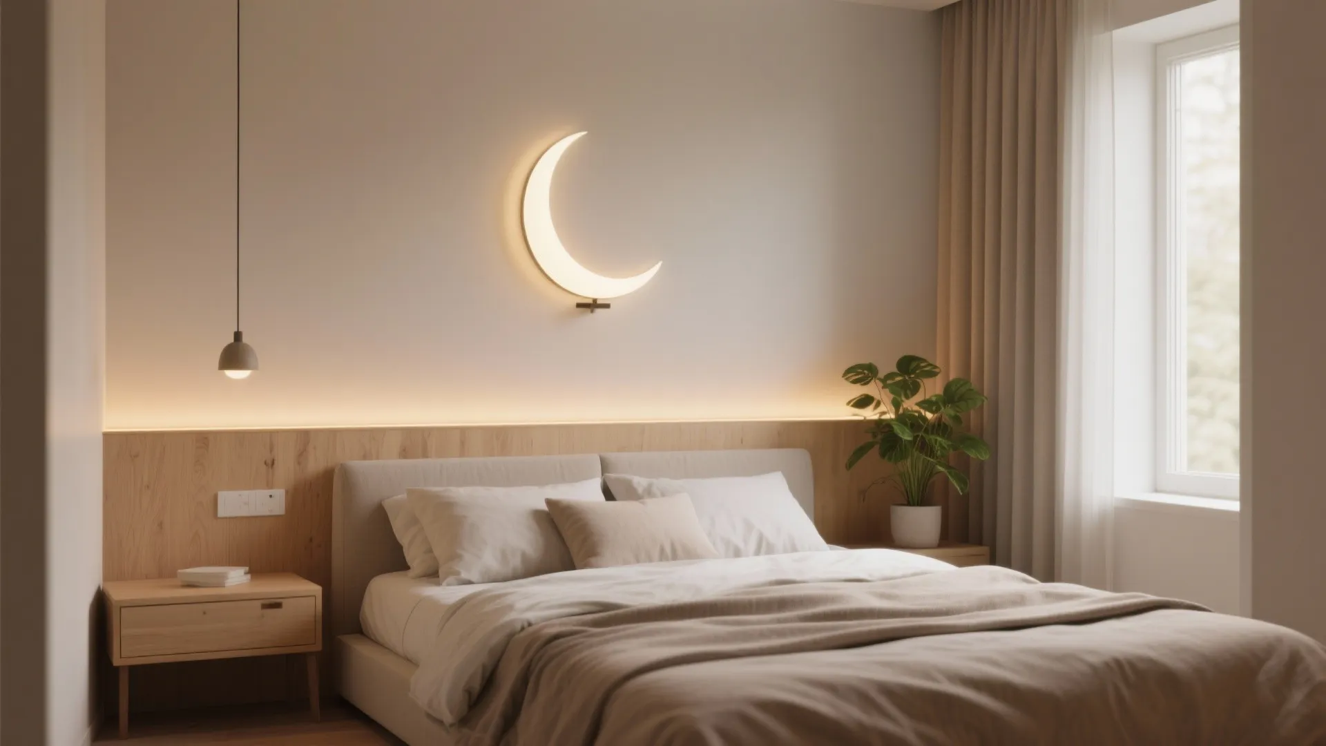Minimalist bedroom with wooden wall panel moon light fixture cream bed and green potted plant
