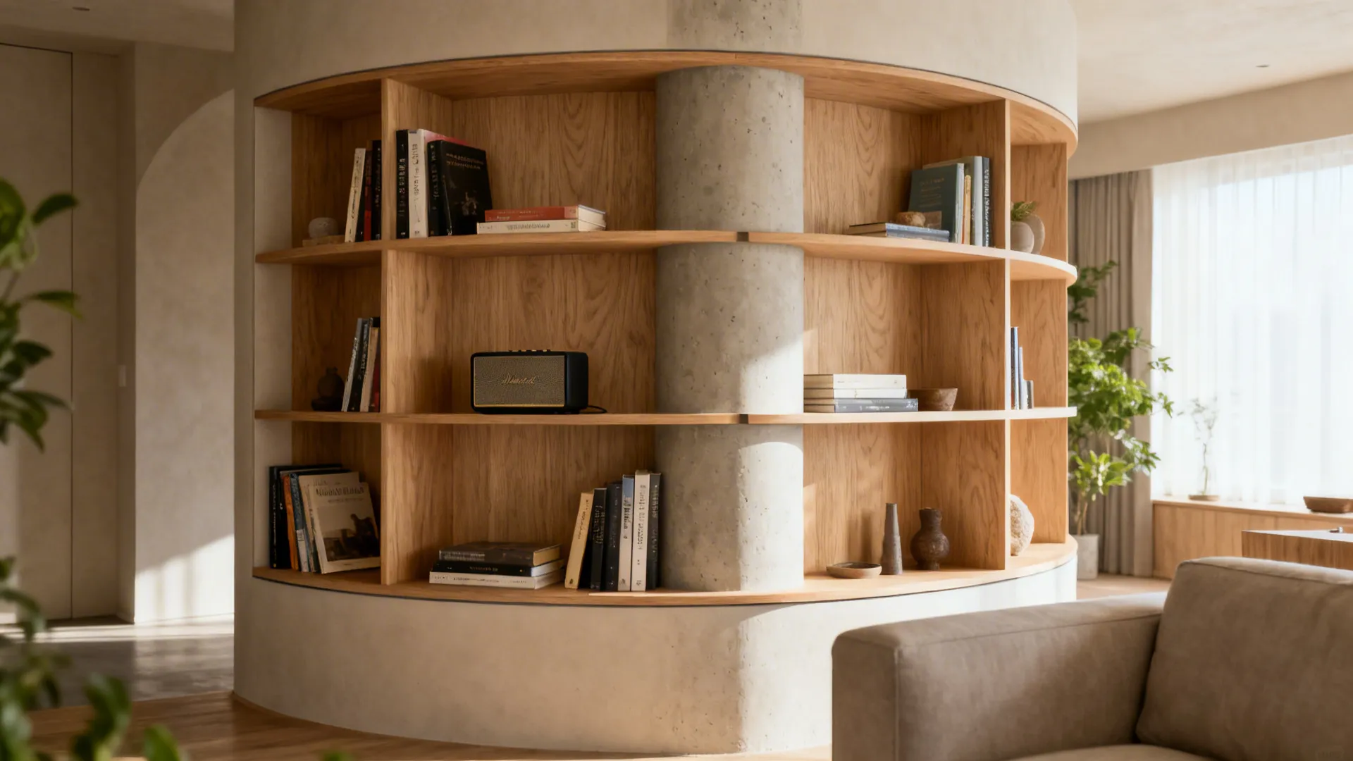 Crescent-shaped shelving hugs a round living room column, adding slim vertical storage.
