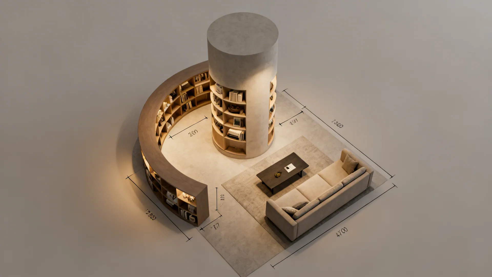 Top-down view shows a crescent shelf hugging a round column with clear circulation.