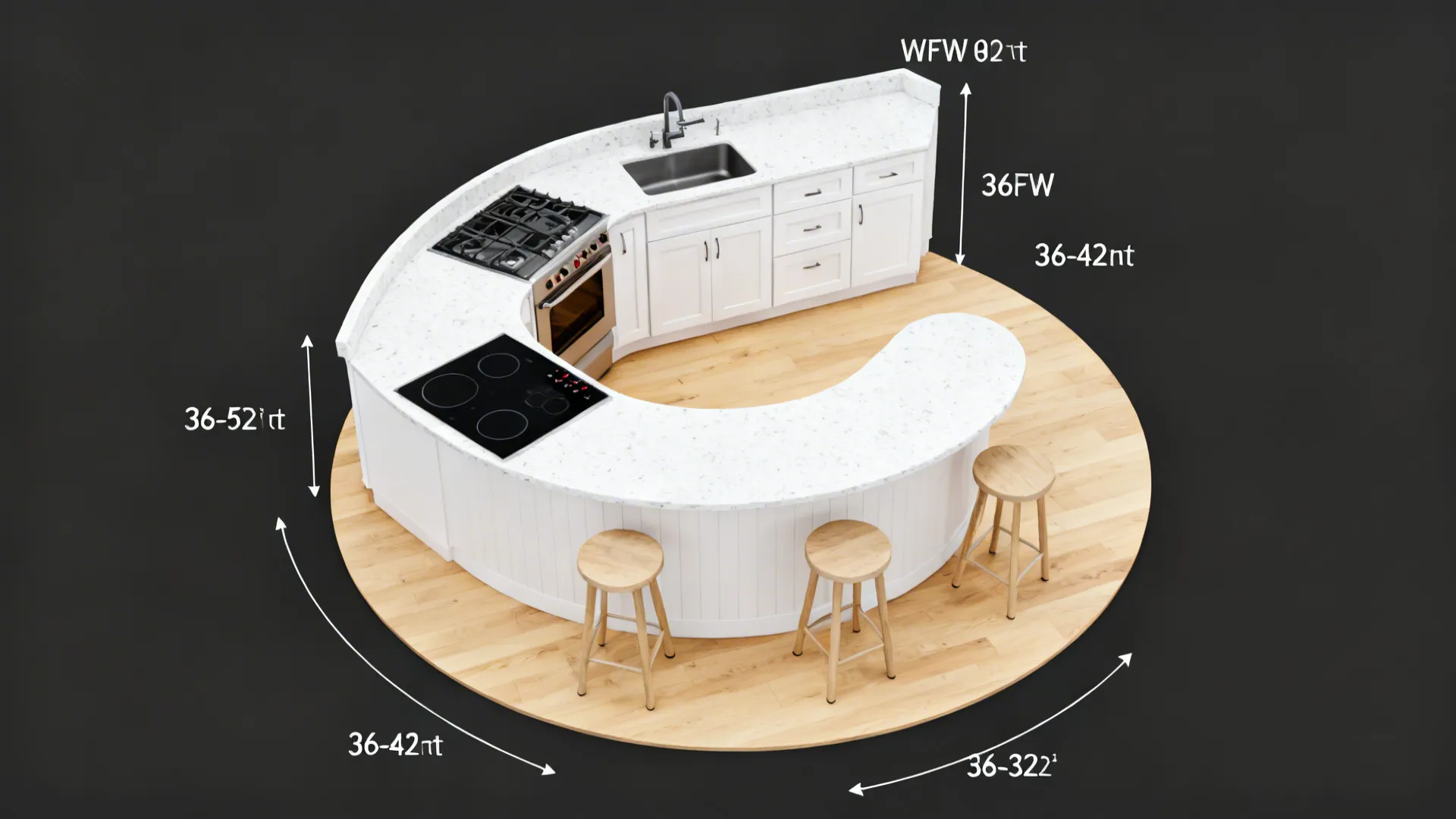 Interior design drawing showing white curved kitchen island with sink stove oven and three stools