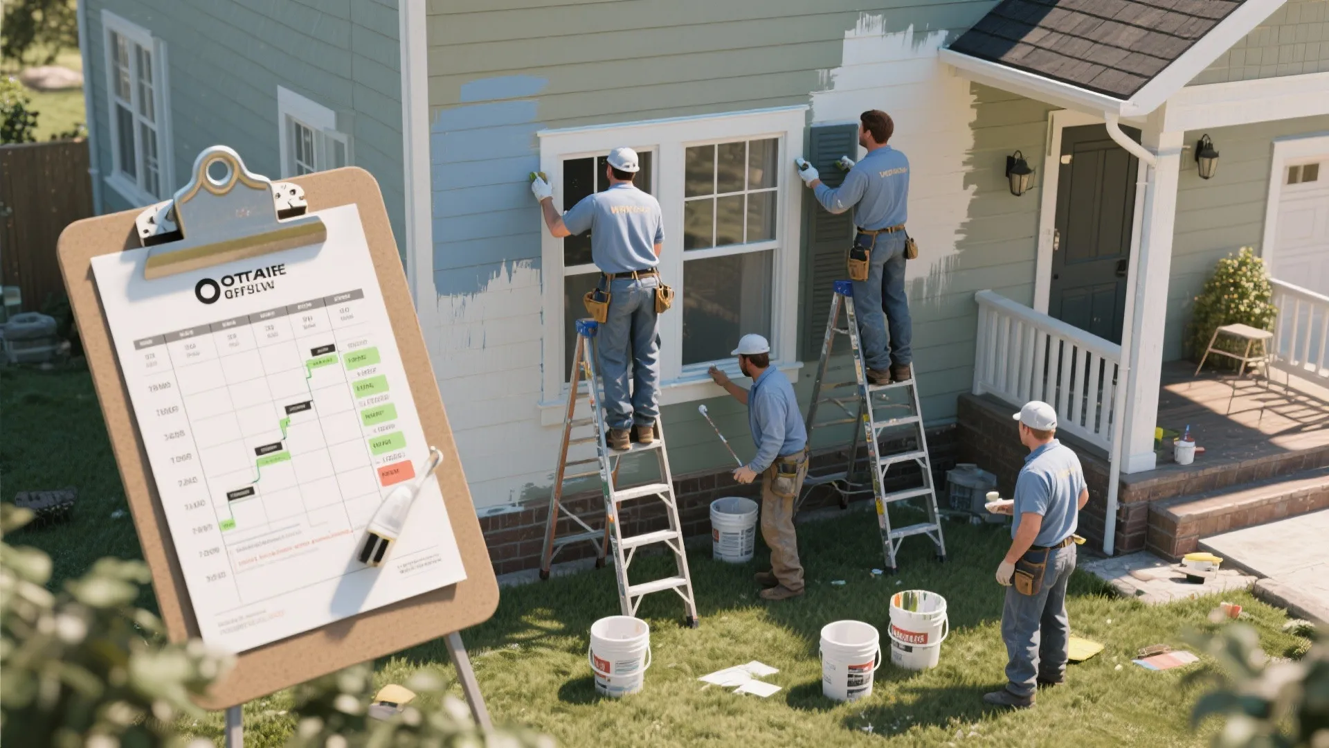 Painters working on house exterior walls with a project schedule timeline shown on a large clipboard