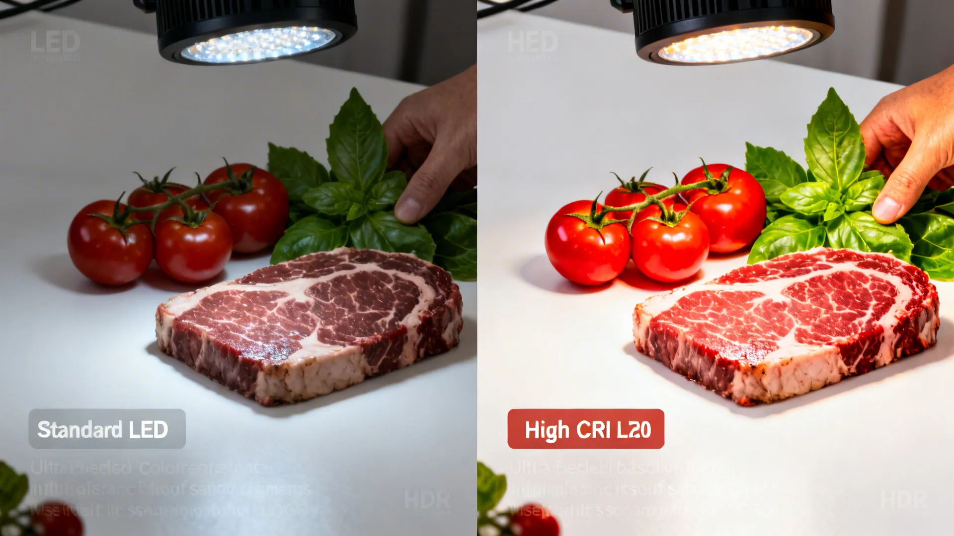 Side-by-side dining plates showing muted colors versus vivid tones under a high-CRI LED.