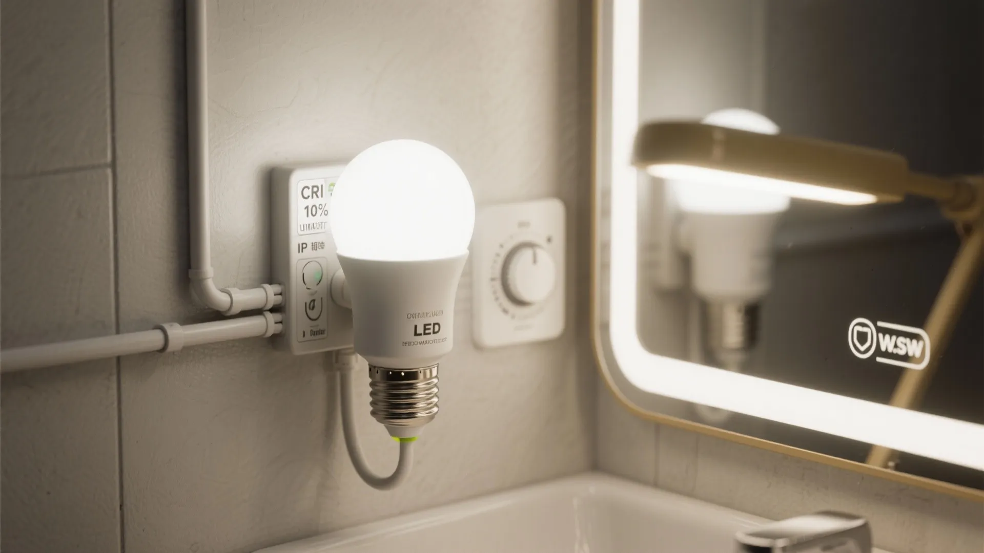 Close up of LED light bulb near bathroom mirror showing technical details and white wall background