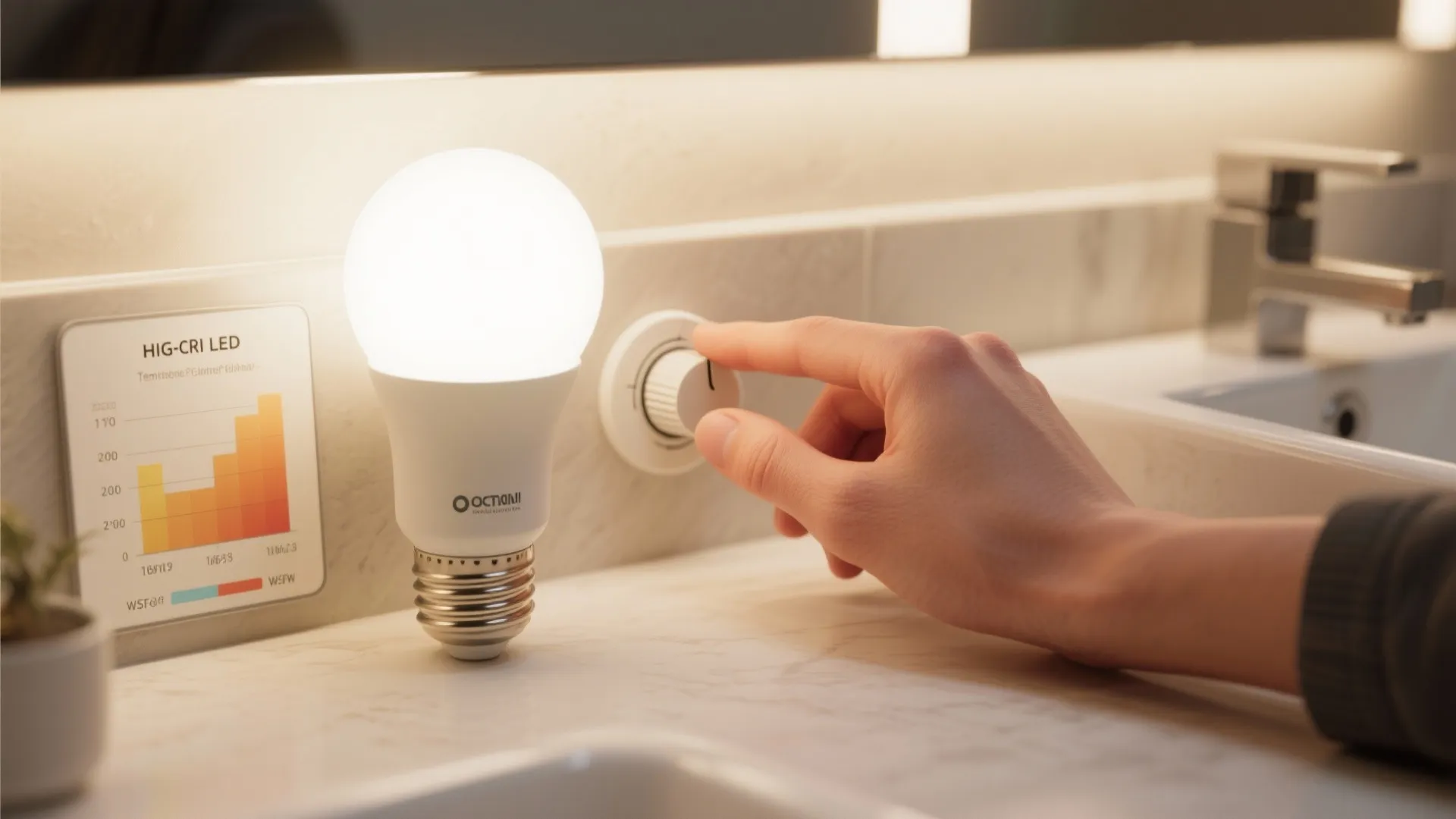 Hand adjusting a dimmer switch next to a bright white bulb on a marble counter