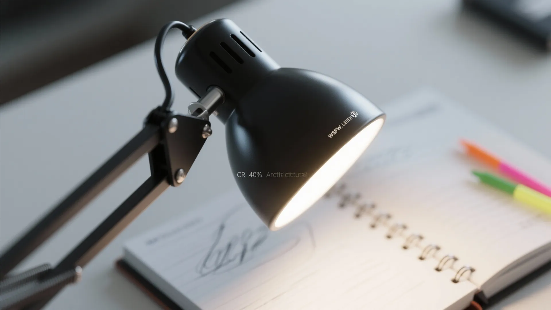Black adjustable desk lamp lighting up a notebook with sketches and colorful pens on a desk