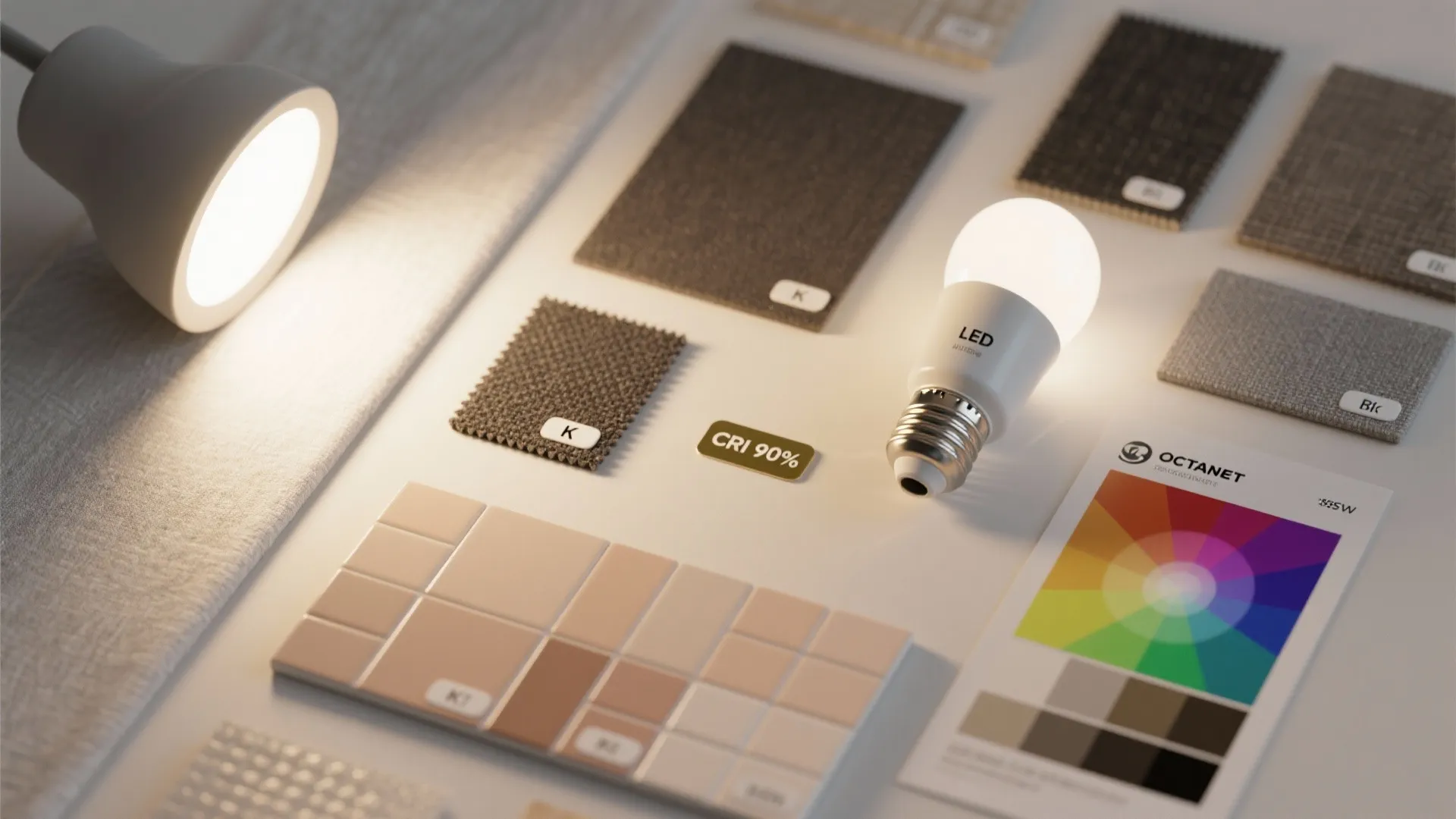 Interior design materials with fabric samples color palette and led light bulb showing high cri
