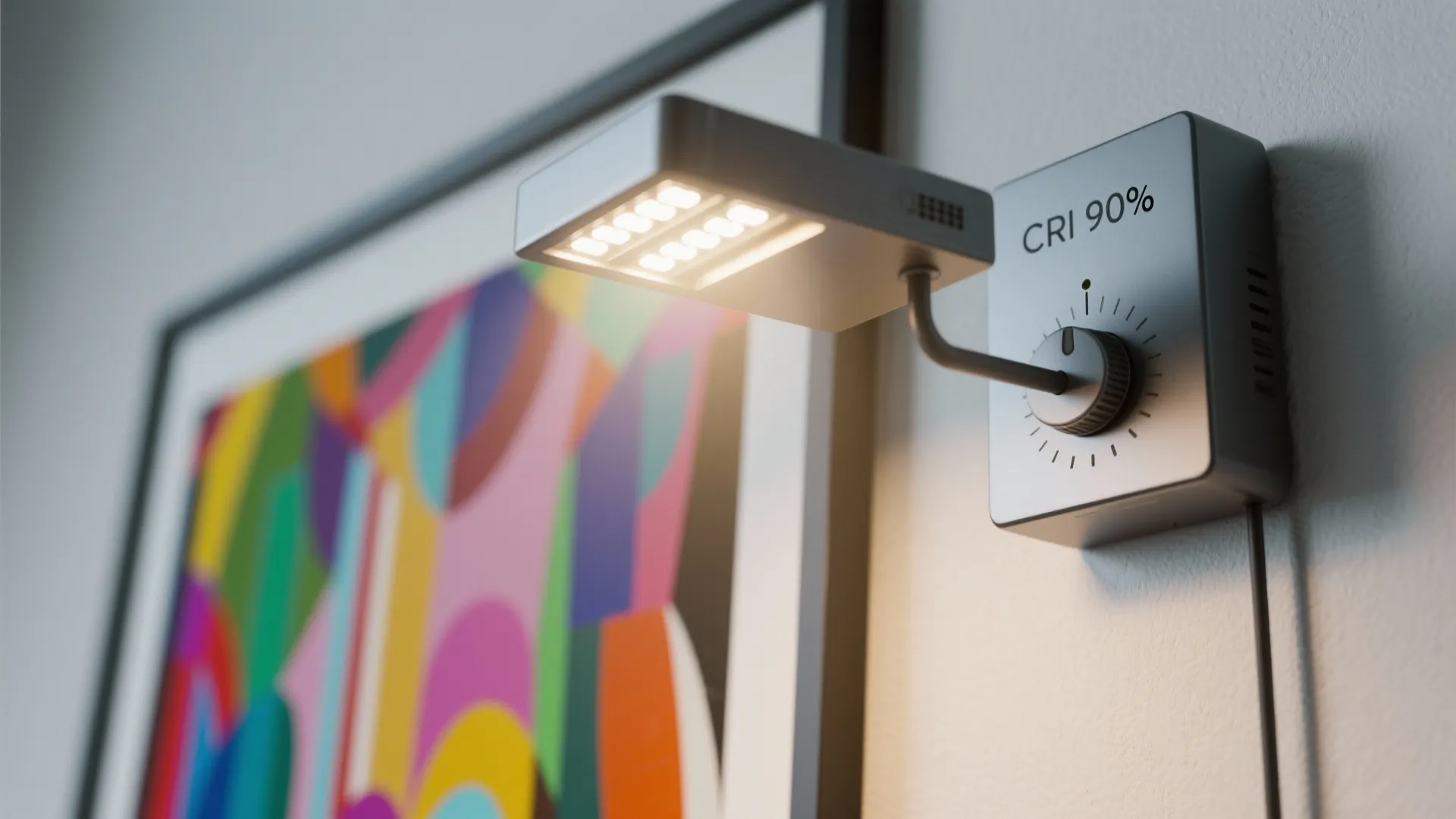 Close up of a silver wall light with adjustable dial illuminating a colorful framed painting