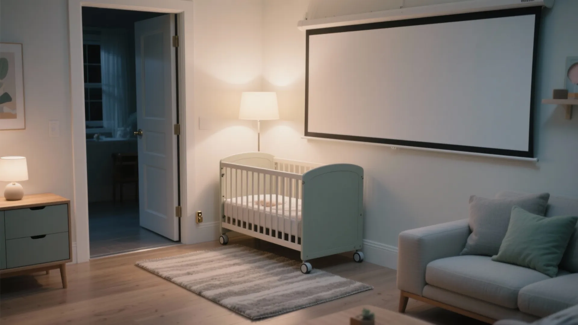 Modern nursery room featuring a light green baby crib with wheels and a large screen