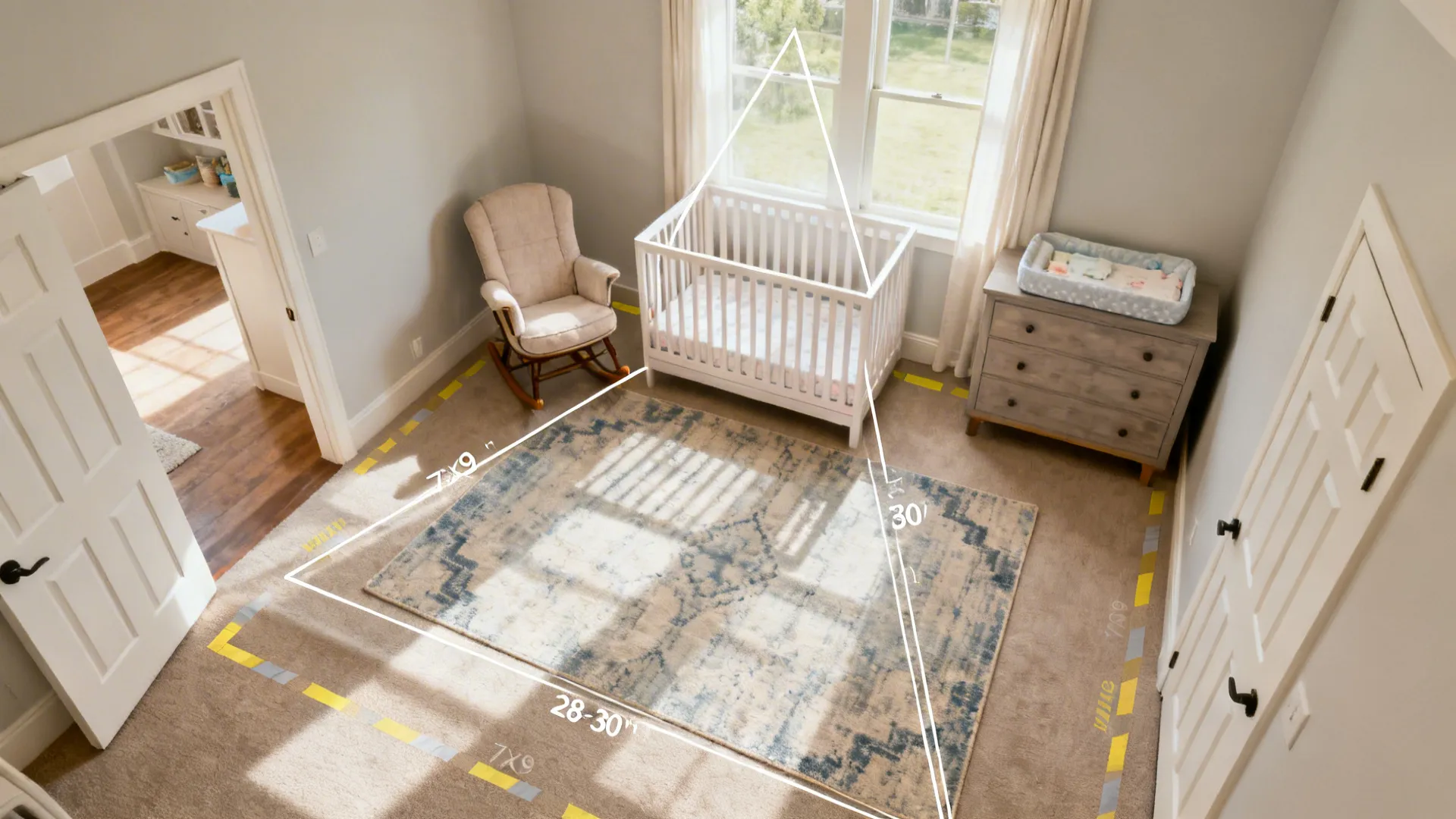 Top-down view of a compact nursery with clear crib–chair–changing triangle and safe circulation.