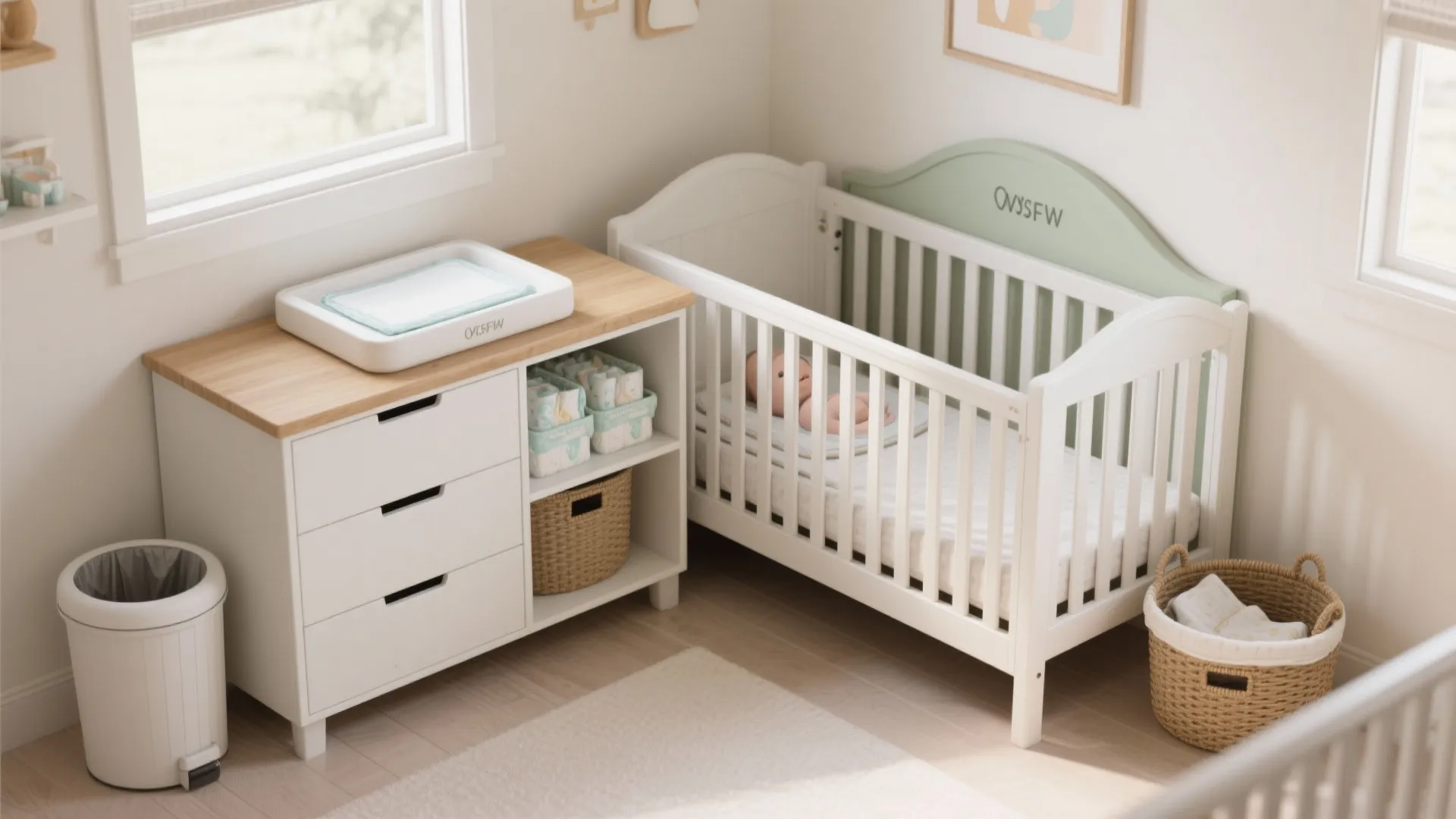 White baby crib and changing table cabinet with drawers and storage baskets in a nursery