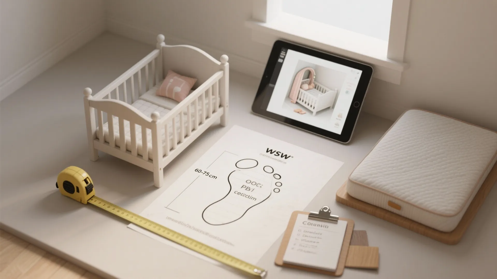 Small white baby bed model on desk with tablet measuring tape and paper design notes