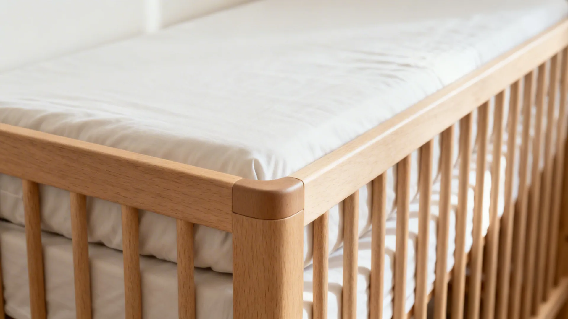 Macro view of a breathable crib mattress with tight sheet and solid-wood slat detail.