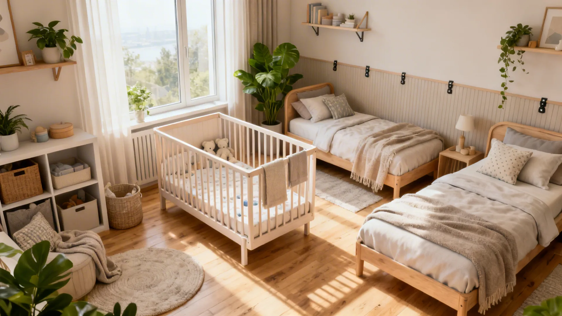 Nursery room with white crib two wooden twin beds wall panel plants and bright natural light