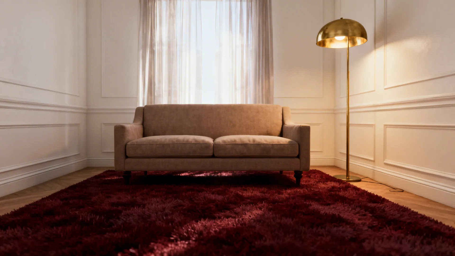 Beige sofa on red rug with white curtains and gold floor lamp in a white room