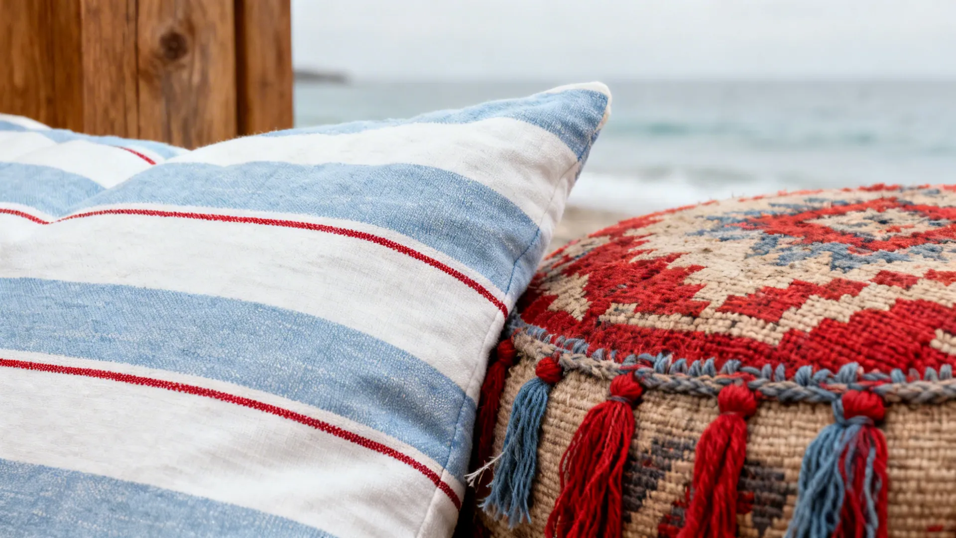 Close-up of striped cushion with a thin crimson line beside a vintage kilim pouf.