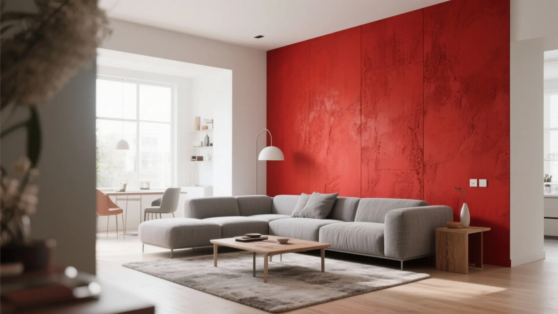 Gray sofa against a bold crimson red wall