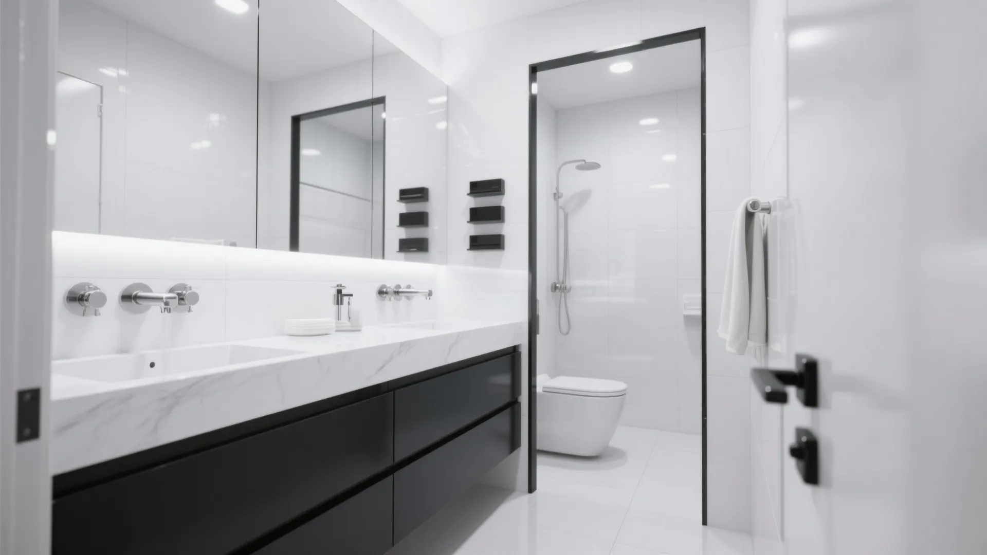 Minimal small bathroom in crisp cool white with chrome fixtures and black hardware