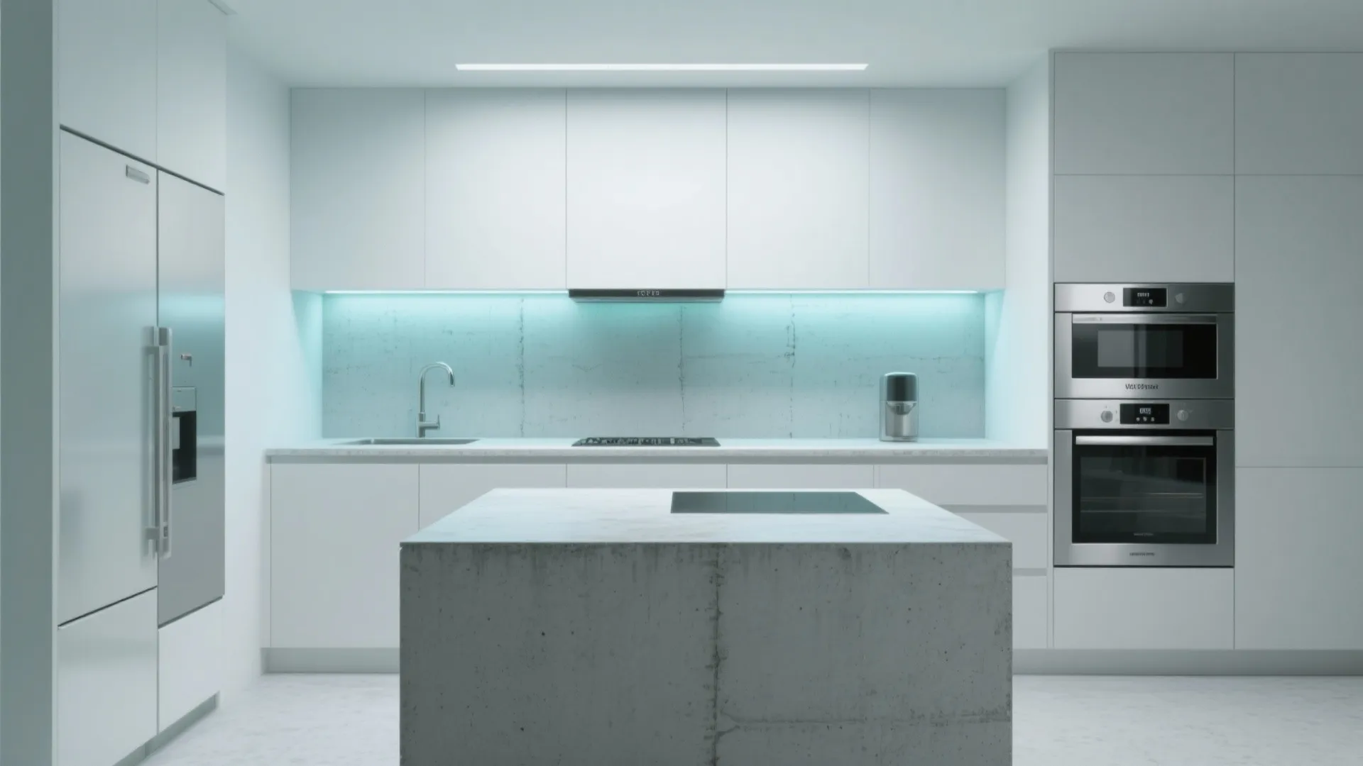 Modern white minimalist kitchen featuring a concrete island and built in ovens with blue lighting