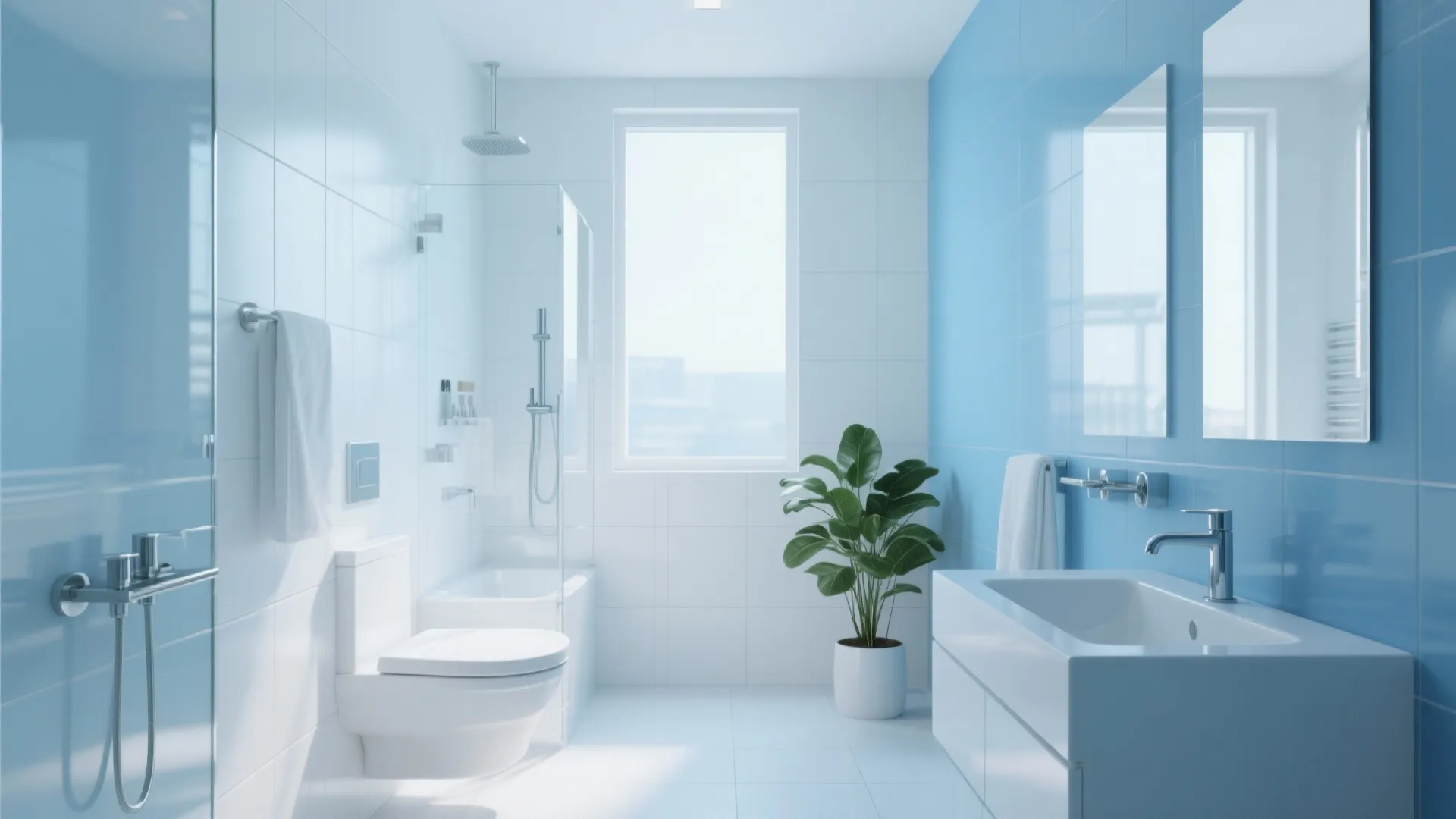 Minimalist bathroom with crisp cool-white walls, chrome fixtures, glass and green plant