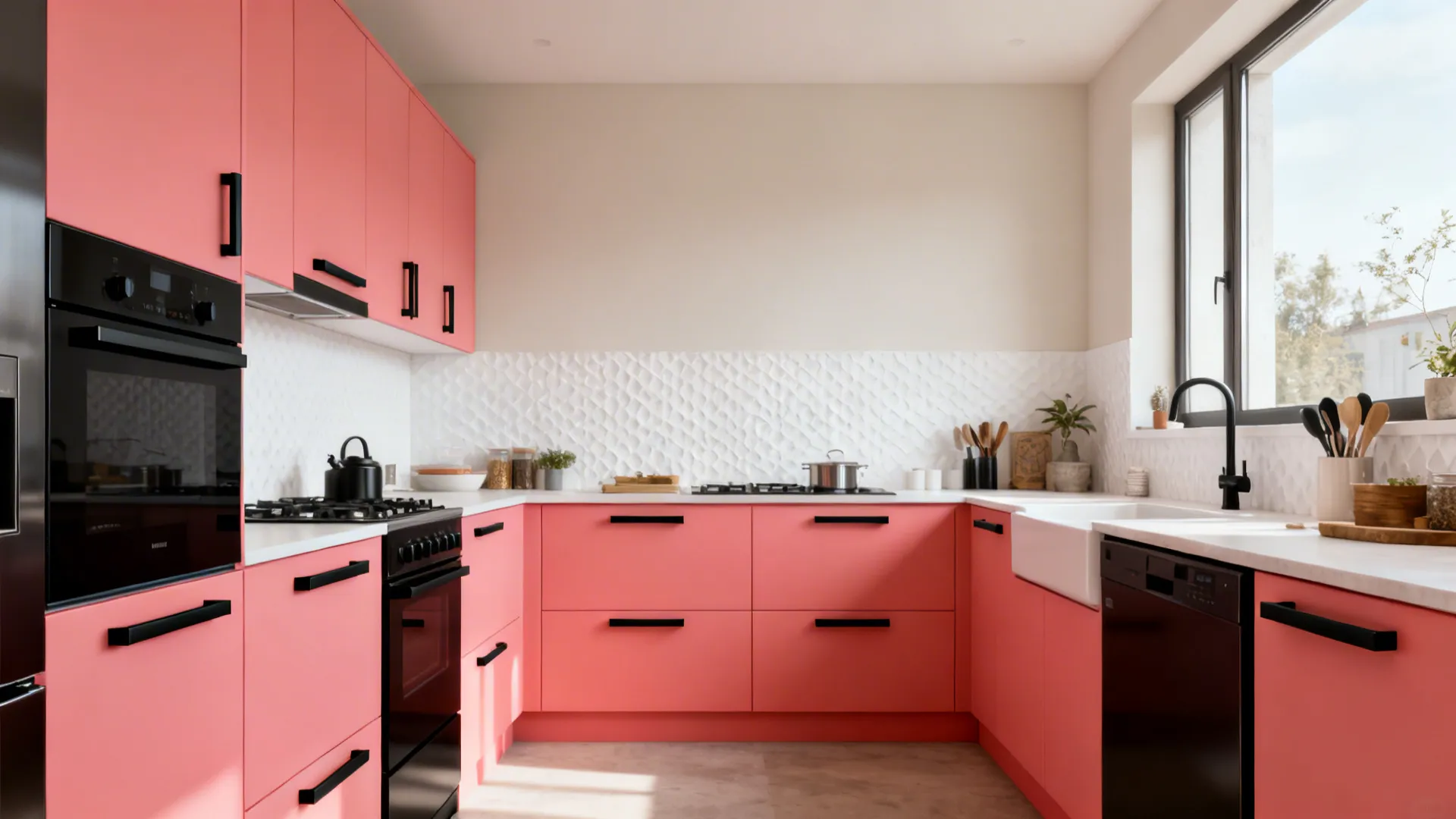 Modern kitchen with crisp coral base cabinets and matte black hardware.