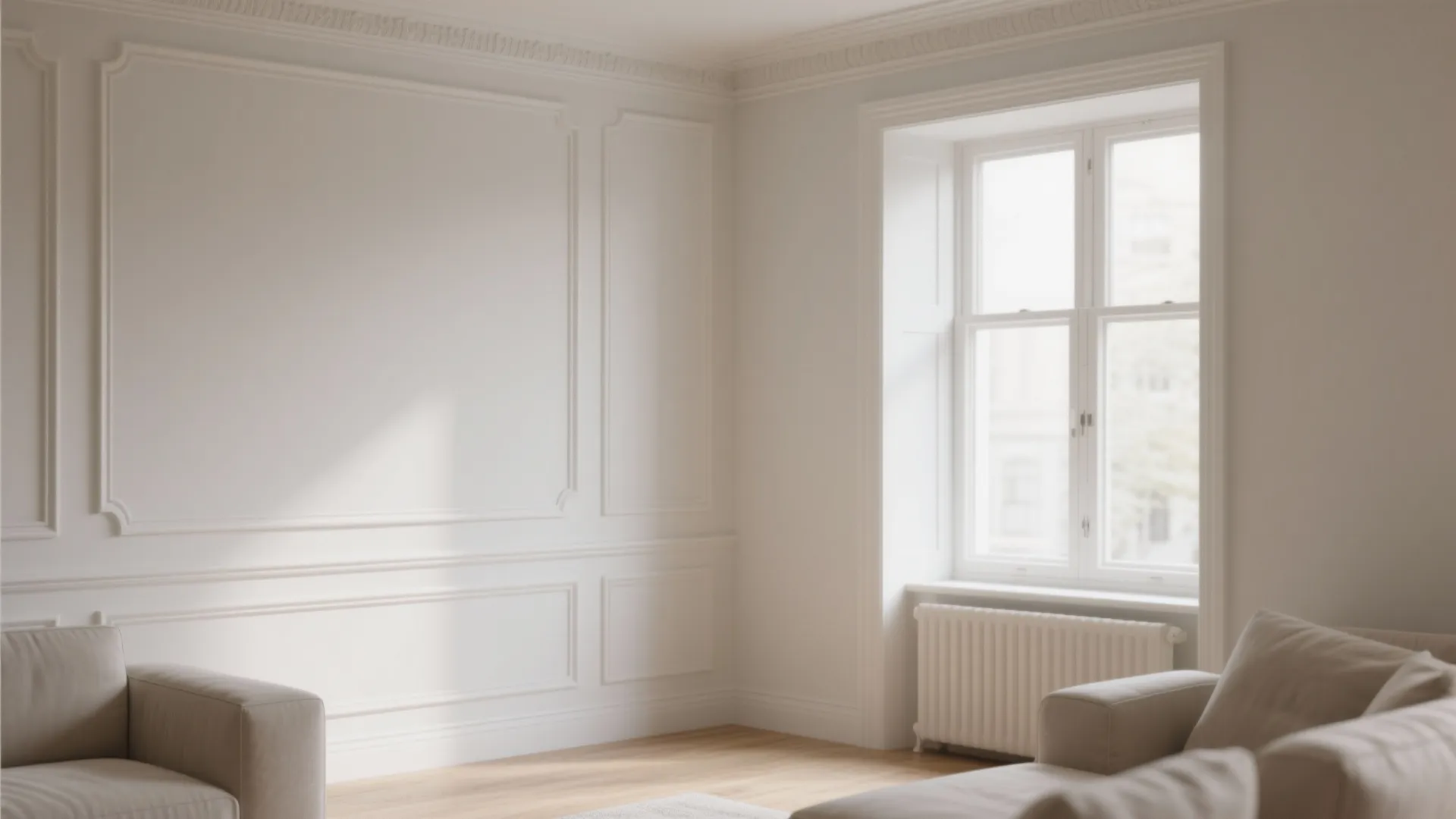 Small living room with slim crown molding matching wall color