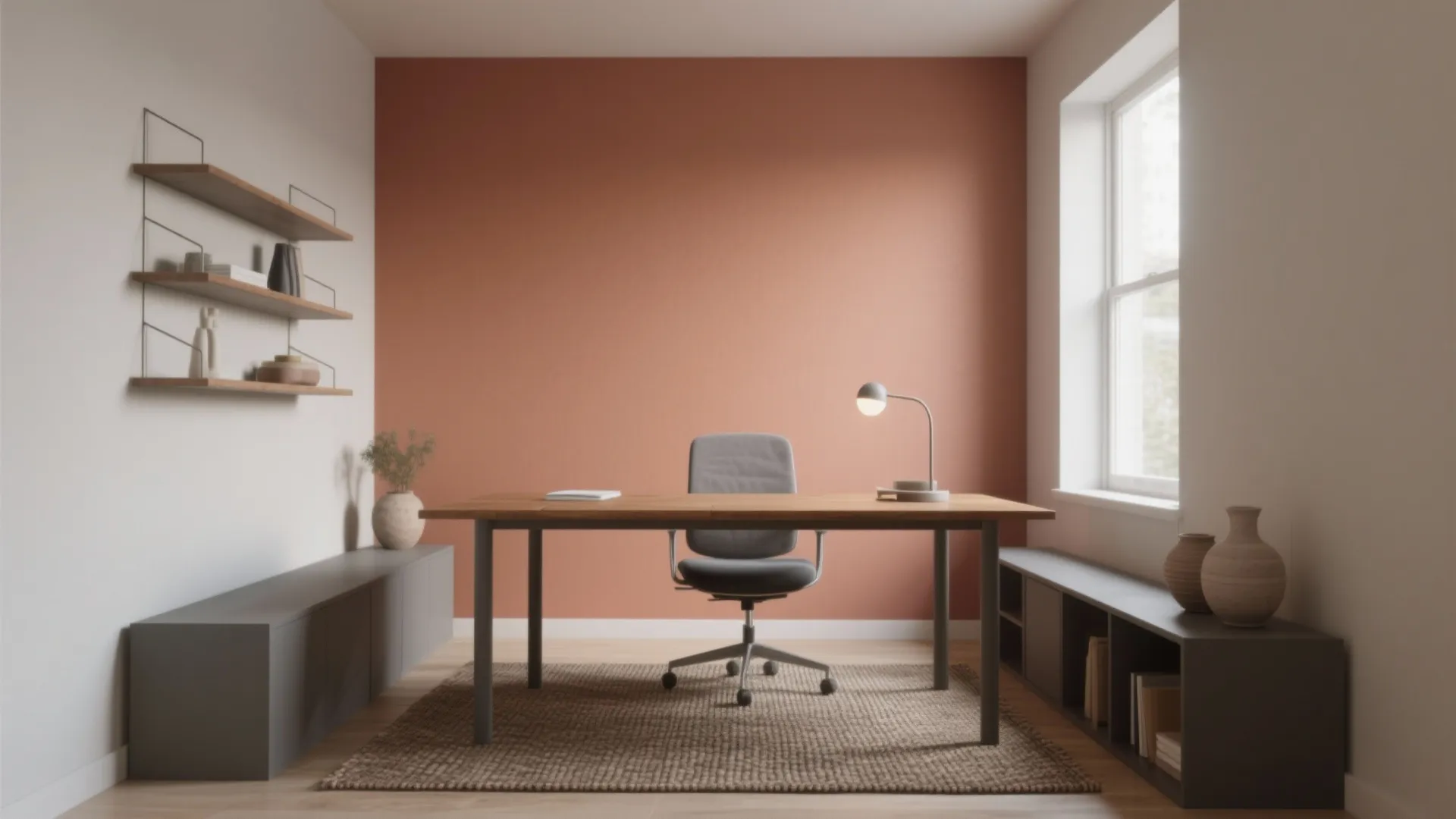 Crisp neutrals with a single warm accent