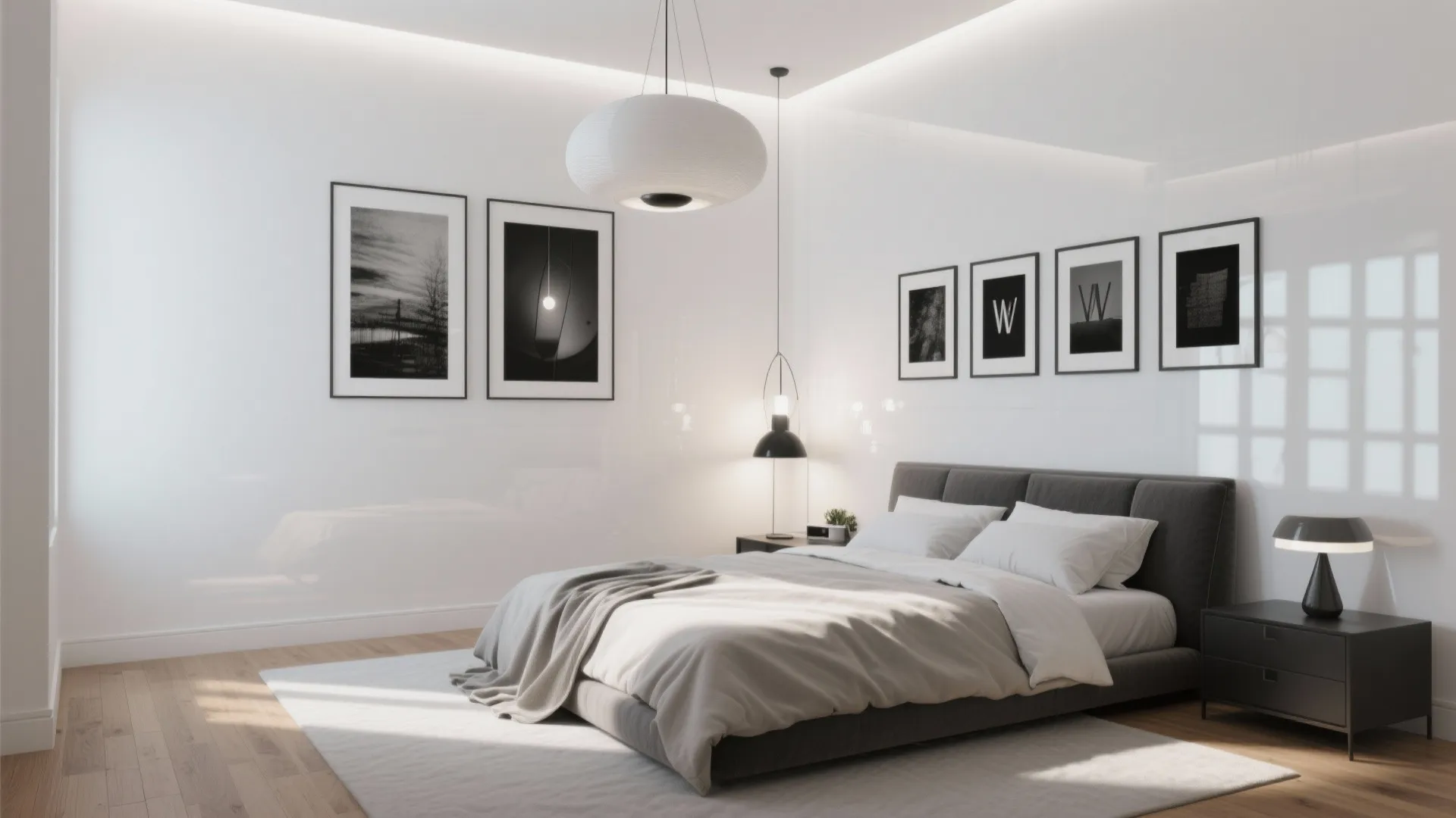 Modern white bedroom with grey bed and black bedside table and large ceiling light and frames