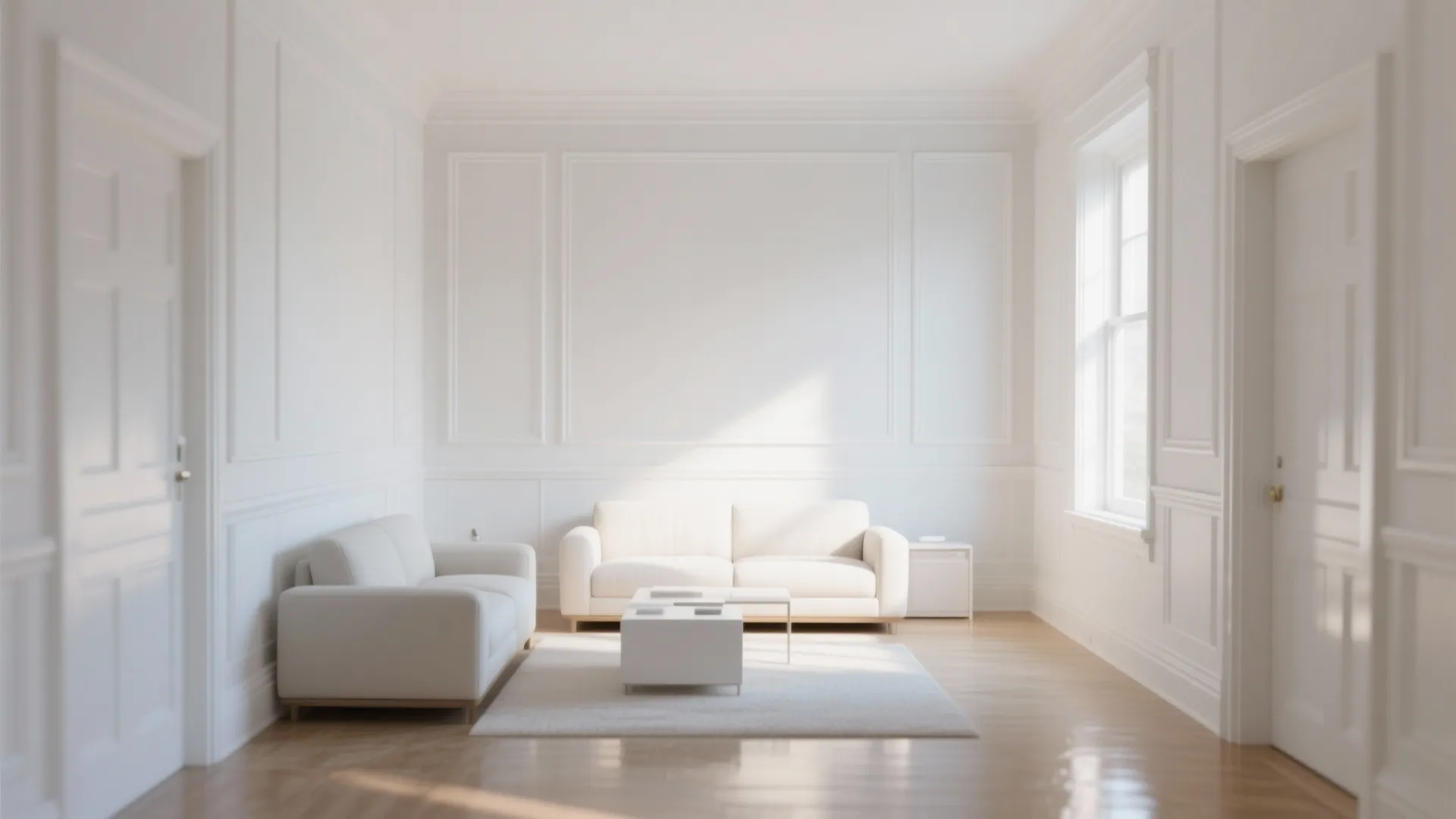 Small living room painted crisp off-white with warm hint, white trim and soft daylight for bright but gentle ambience.