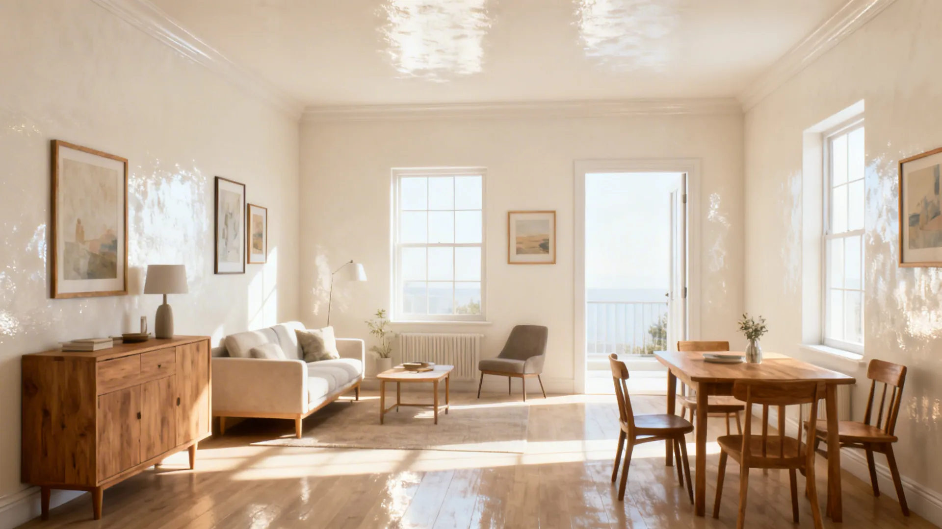 Tiny living room with creamy off-white walls, light wood furniture and bright natural light.