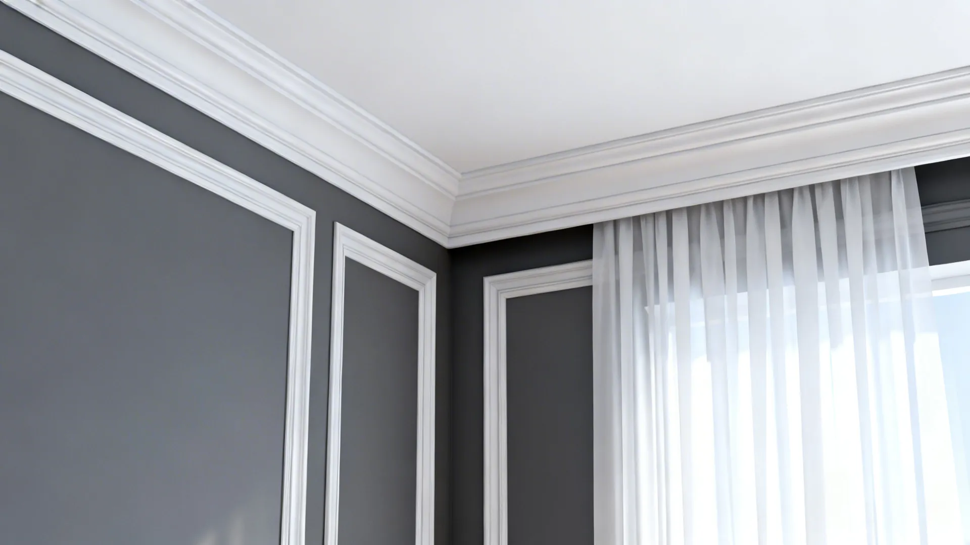 Close up of grey walls featuring white wall panels and crown molding near window with curtains