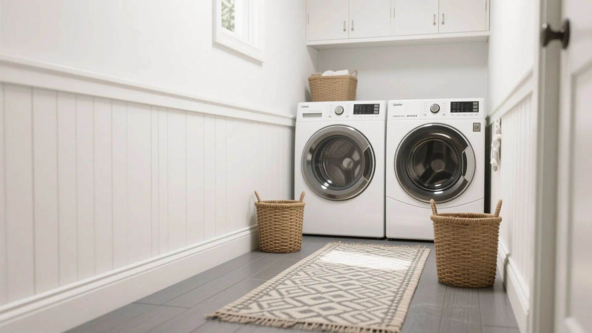 Bright laundry room with warm white walls, semi-gloss cool white trim, woven baskets and a patterned runner.
