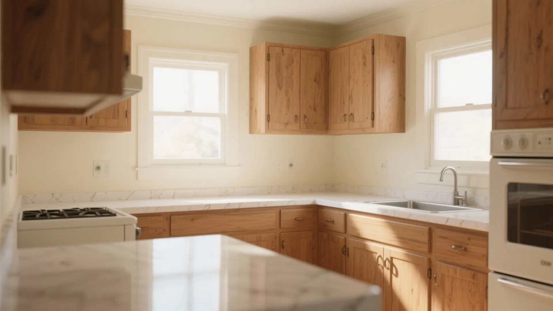 Classic kitchen with light wood cabinets marble countertops two windows sink and white oven stove