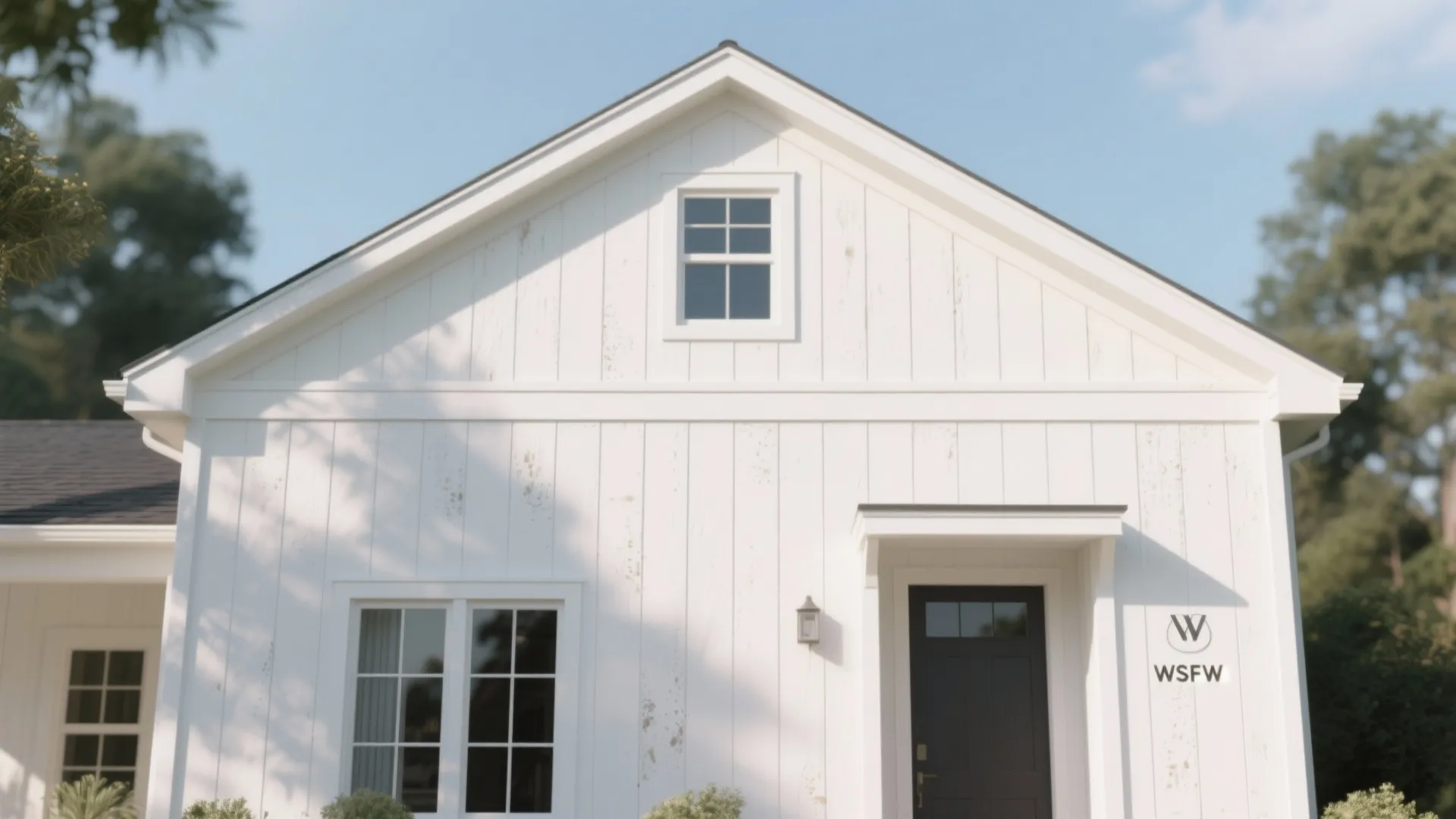 Modern white farmhouse exterior with vertical wall panels and black front door under bright sunlight